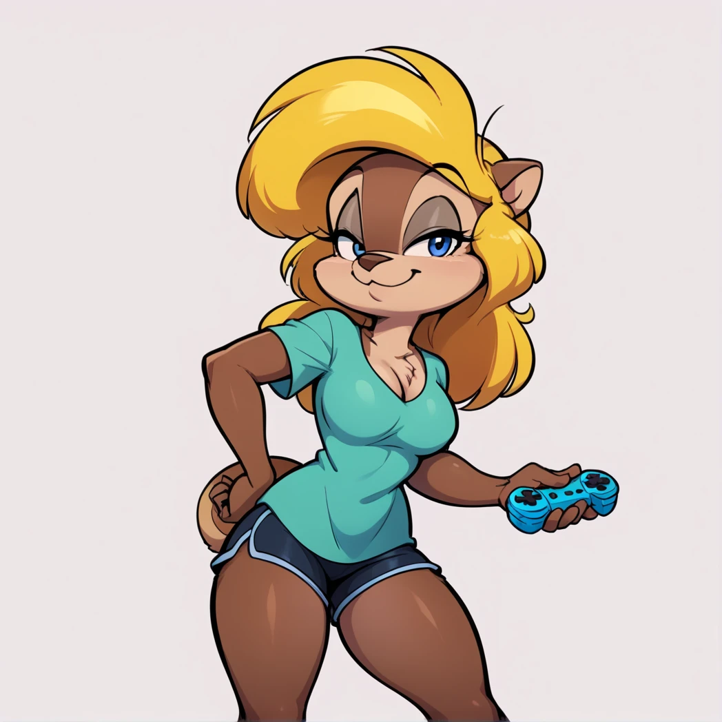 score_9, score_8_up, score_7_up, score_6_up, score_5_up, score_4_up, (Source furry), 1girl, solo, breasts, looking at viewer, smile, blue eyes, simple background, shirt, white background, animal ears, cleavage, medium breasts, closed mouth, standing, tail, full body, barefoot, furry, holding a button controller, pressing on the button, on hind legs, black swimming shorts, has thick thighs, green shirt, animal nose, snout, amy squirrel , blonde hair, long hair, two tone fur, brown fur, furry female, body fur