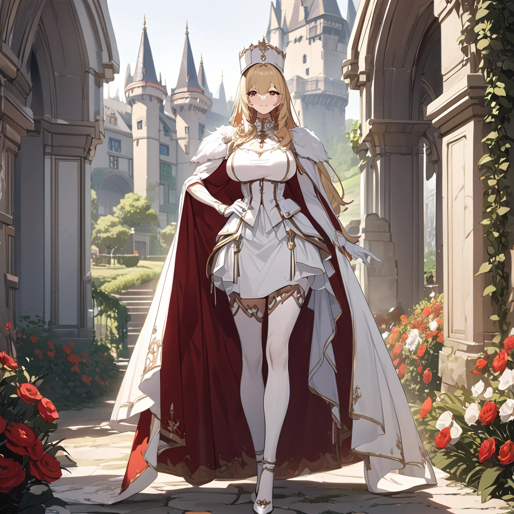 A woman wearing a white madame dress, white gloves, a white madame hat with a red flower, white heels, red eyes, blonde hair, long hair, big breasts, long red fur cape, walking outside a luxury castle,close view, overlooking a luxury garden with medieval decoration of the location, UHD, prime work, accurate, anatomically correct, textured skin, super details, high quality, best quality, 8k, high resolution, bokeh effect. (woman alone)