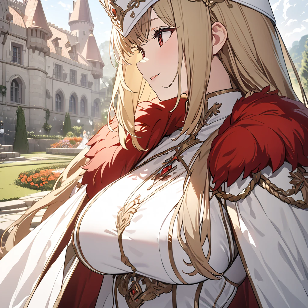 A woman wearing a white madame dress, white gloves, a white madame hat with a red flower, white heels, red eyes, blonde hair, long hair, big breasts, long red fur cape, walking outside a luxury castle,close view, overlooking a luxury garden with medieval decoration of the location, UHD, prime work, accurate, anatomically correct, textured skin, super details, high quality, best quality, 8k, high resolution, bokeh effect. (woman alone)
