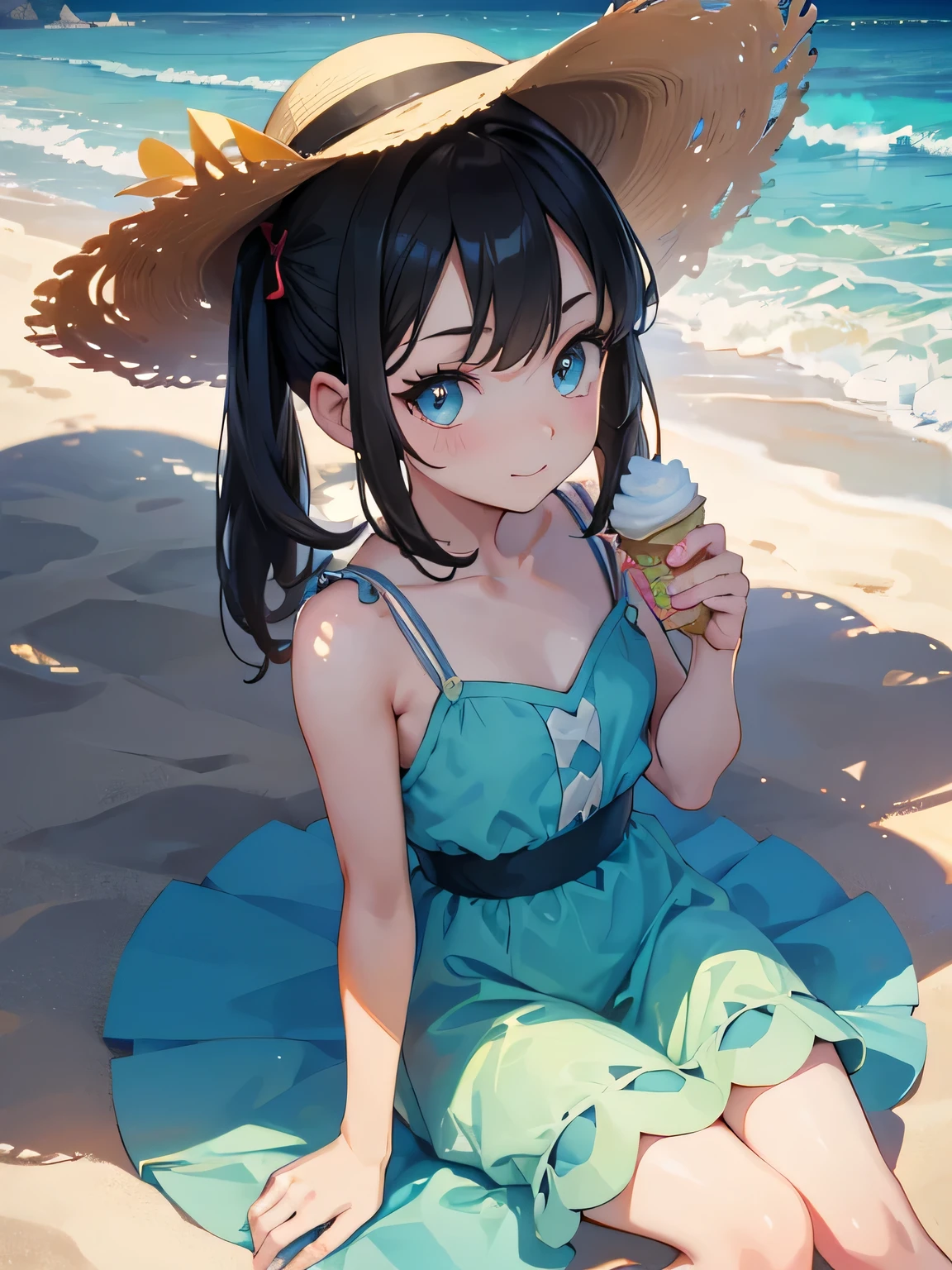 solo, (marnie pokemon), ((masterpiece)),((high resolution)), ((best quality)), extremely fine and beautiful, super fine illustration, (realistic skin), (insanely detailed anime eyes), detailed face, vivid and beautiful, shocking sensation, incredibly detailed, beautiful detailed girl, front view, facing at viewer, profile, perfect shadow, realistic lighting shaded, (black hair), ()), (white sundress), (small breast), (beach background), (sun hat), (smile), (shy), (sitting), (sit at shadow), (short pigtails hair), (taking icecream)