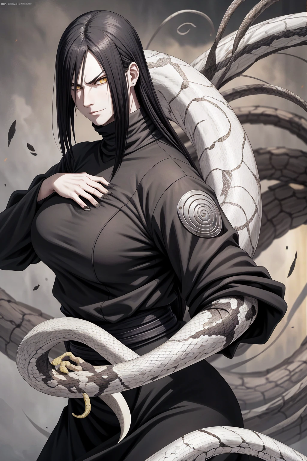 {-erro_de_anatomia:1.0} estilo anime, Masterpiece, absurdities, Orochimaru\(Naruto\), 1girl Solo, Mature woman, Oversized shirt with broad shoulders, Perfect composition, Detailed lips, large breasts, Beautiful face, body proportion, Blush, Long black hair, ( black hair), yellow eyes, Soft gauze, Super realistic, Detailed, photo shoot, Realistic faces and bodies, masterpiece, best quality, best ( white snake) illustration, hyper detailed, 1 girl, solo, glamorous, blushing, whole body, angry face, on attack