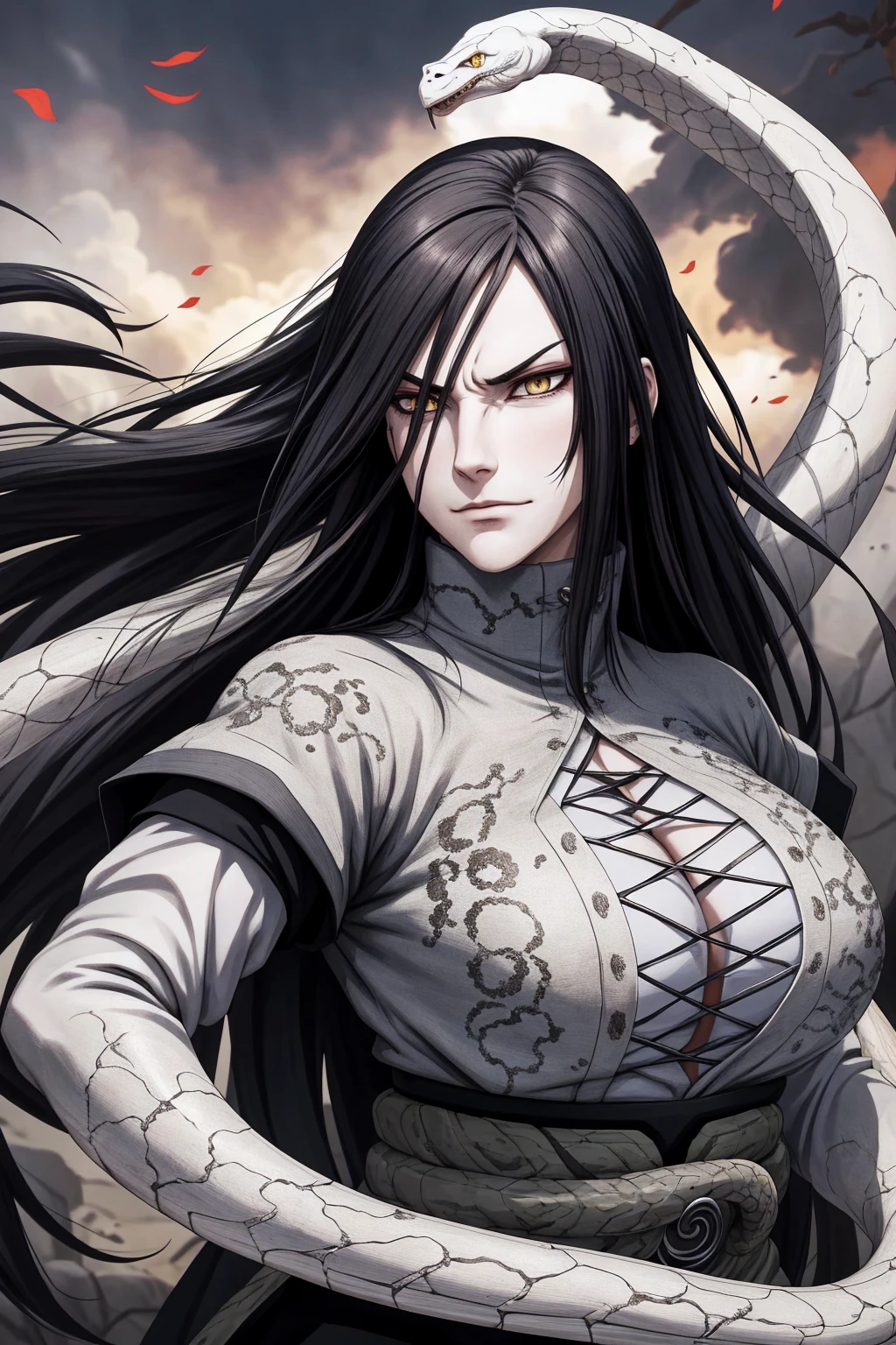 {-erro_de_anatomia:1.0} estilo anime, Masterpiece, absurdities, Orochimaru\(Naruto\), 1girl Solo, Mature woman, Oversized shirt with broad shoulders, Perfect composition, Detailed lips, large breasts, Beautiful face, body proportion, Blush, Long black hair, ( black hair), yellow eyes, Soft gauze, Super realistic, Detailed, photo shoot, Realistic faces and bodies, masterpiece, best quality, best ( white snake) illustration, hyper detailed, 1 girl, solo, glamorous, blushing, whole body, angry face, on attack