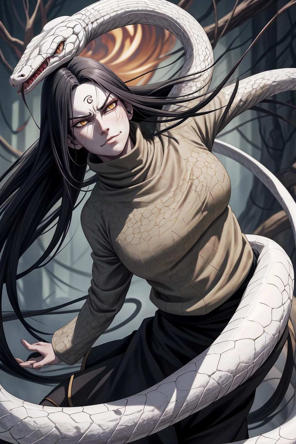 {-erro_de_anatomia:1.0} estilo anime, Masterpiece, absurdities, Orochimaru\(Naruto\), 1girl Solo, Mature woman, Oversized shirt with broad shoulders, Perfect composition, Detailed lips, large breasts, Beautiful face, body proportion, Blush, Long black hair, ( black hair), yellow eyes, Soft gauze, Super realistic, Detailed, photo shoot, Realistic faces and bodies, masterpiece, best quality, best ( white snake) illustration, hyper detailed, 1 girl, solo, glamorous, blushing, whole body, angry face, on attack