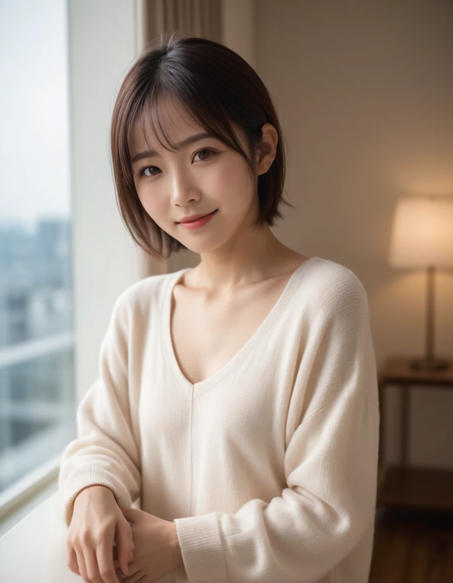 japanese woman in luxury apartment, cute, (high resolution detail of human skin texture:1.4,rough skin:1.2), (brown eyes), (smile:0.7),(portrait:1.8),
(nude), (indirect lighting), Window light,