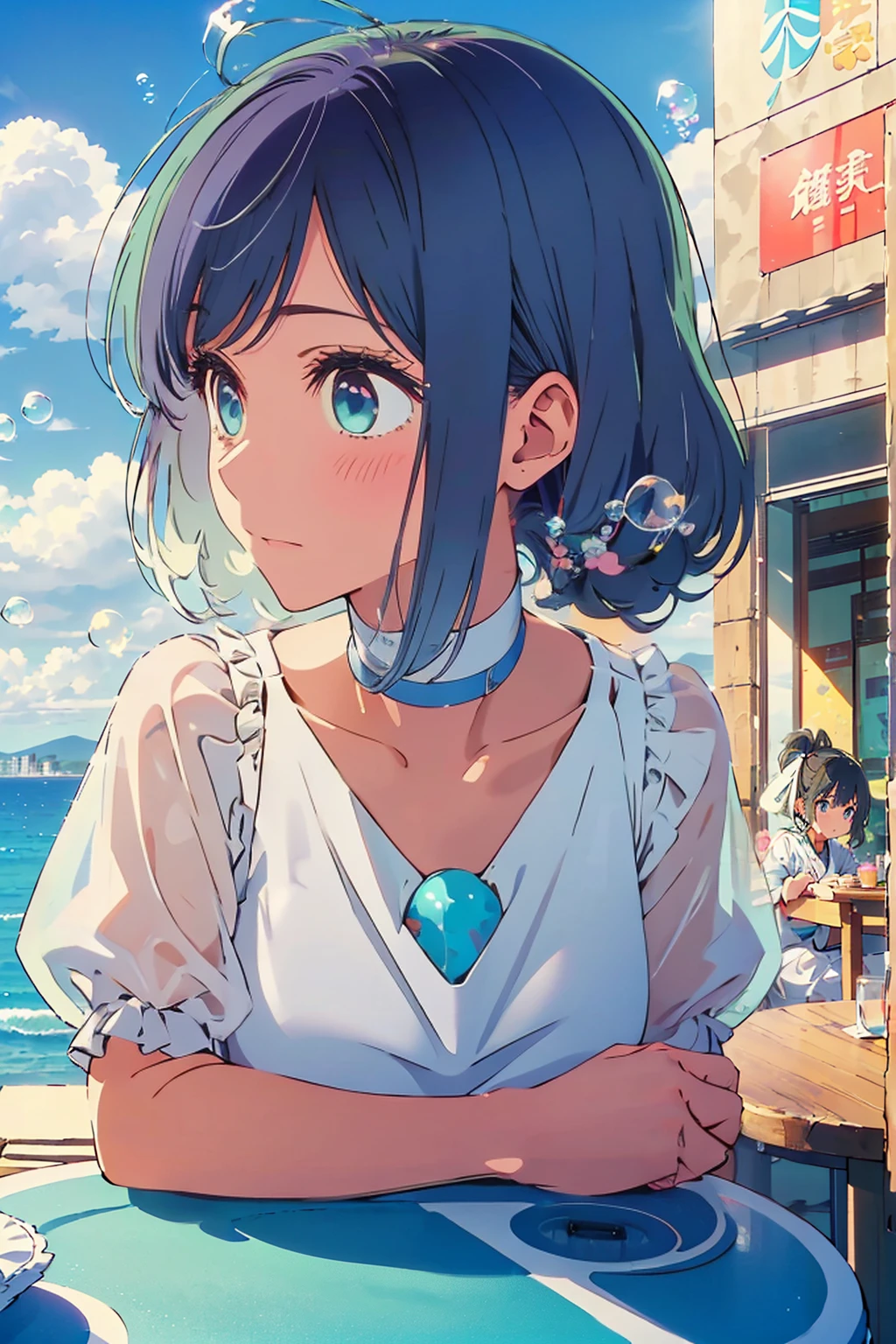 (Highest quality:1.4、8K:1.4、detailed)、F cup bust、Big Breasts、Slim body、Very white beautiful skin、((((1 person、Surprised expression、sit、Chair、In the background are the urban buildings of Tokyo、looking at the camera、Outdoor café terrace、coastal、Navy hair color、juice、White short-sleeved blouse with bubble sleeves、Get up close and take a photo、table、Very cute face))))、(Low ponytail:1.4)、Very blue sky、A completely cloudless sky