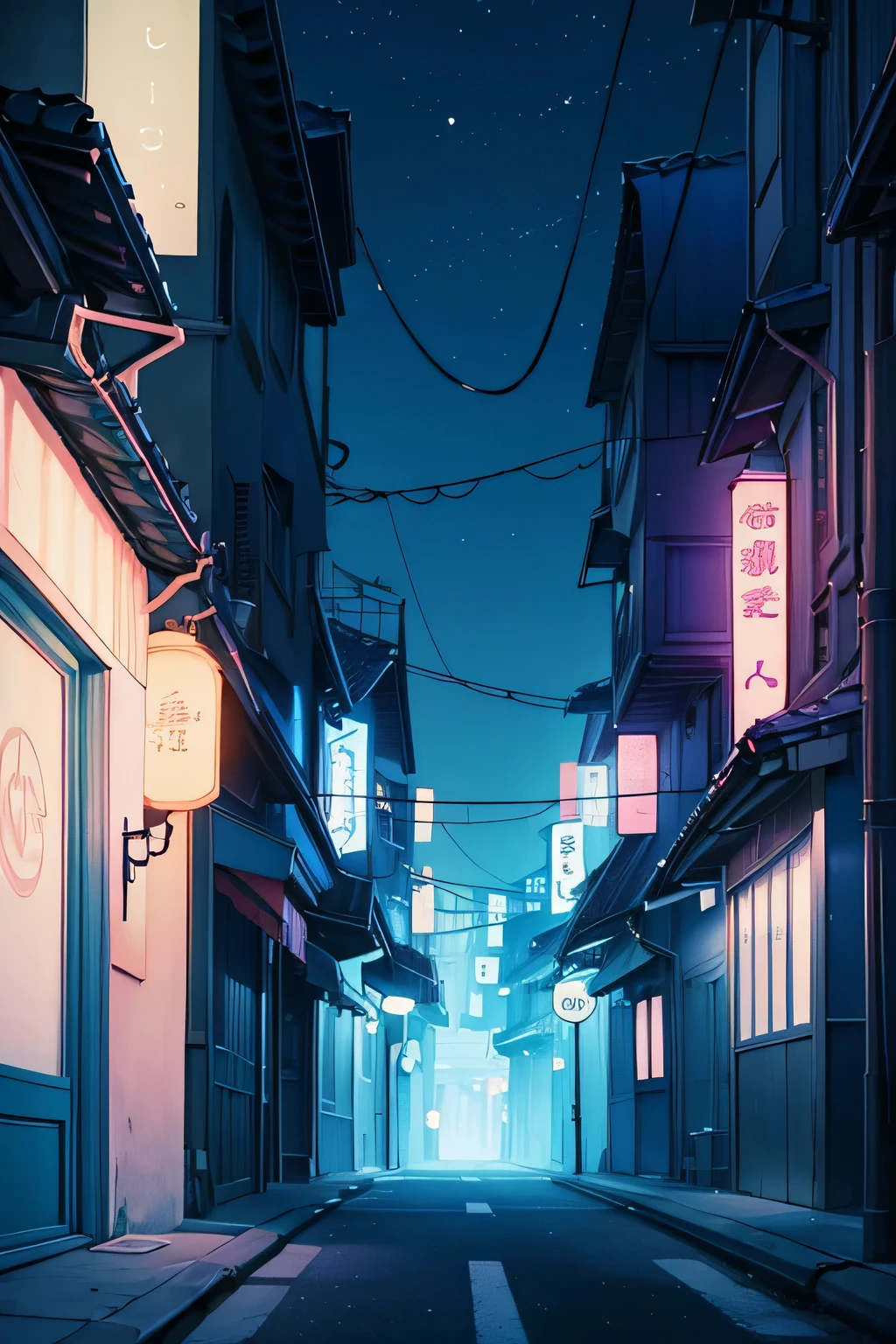 A night city street, atmospheric ambient lighting, dark blue and pastel tones, lofi aesthetic, anime-inspired style, no people, nostalgic and melancholic yet relaxing, Studio Ghibli-esque