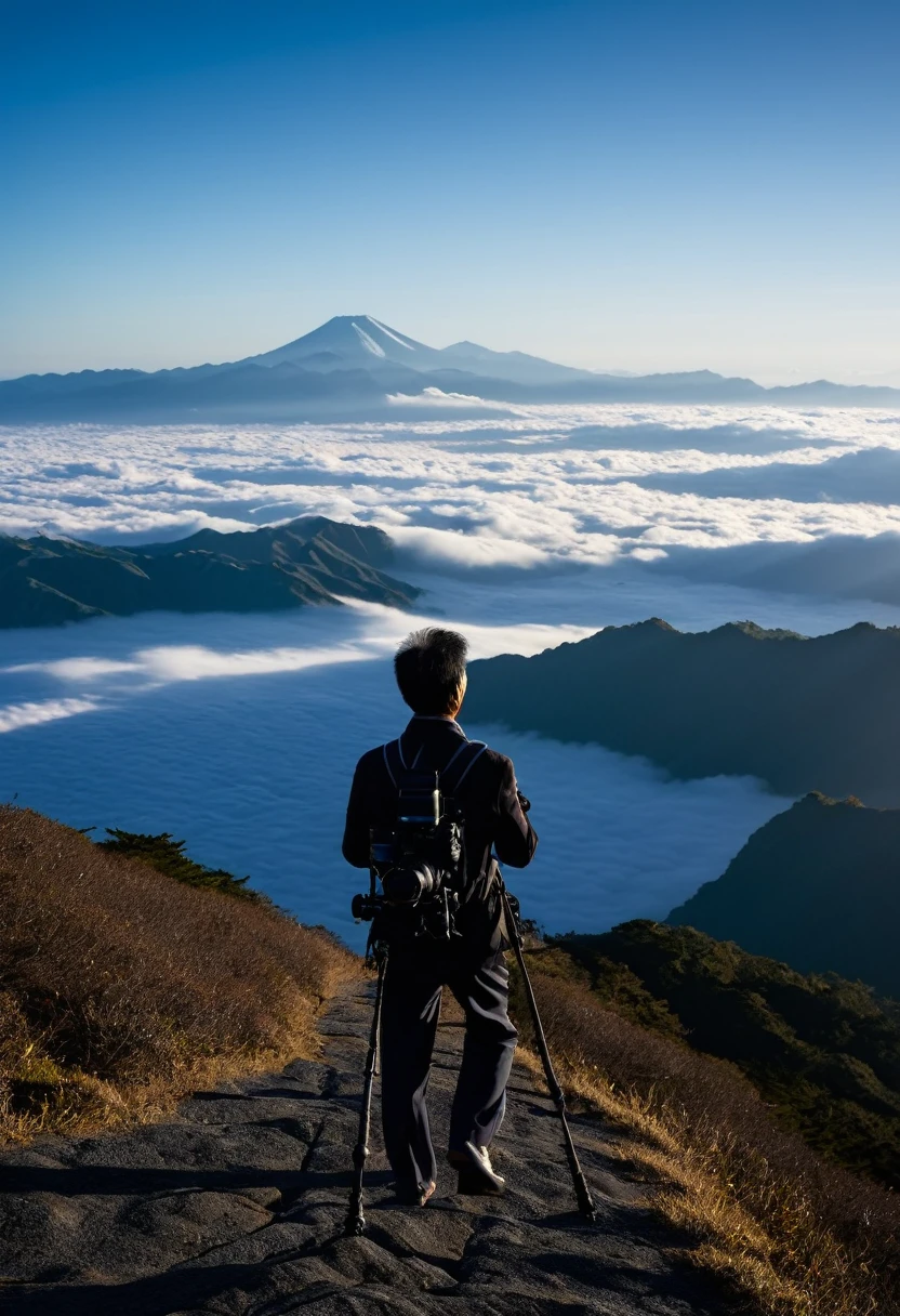 A Japanese man in his 50s with a camera hanging from his neck is walking through the mountains and photographing a sea of clouds. Beyond the sea of clouds, you can see the mountains, and the sea of clouds is shining in the morning sun. The man seems to be having fun. Photographed on.