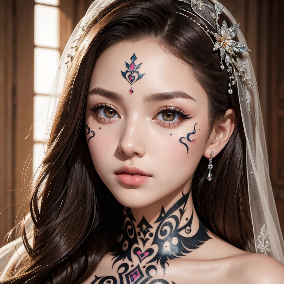 (masterpiece, best quality), ultra detailed, high resolution, 16k, the most beautiful face in the world, perfect face, delicate facial features, highly detailed beautiful face and eyes, shiny skin, highly detailed background, elaborately designed, fine cloth texture, BREAK, (gorgeous and stunning teenage princess in gorgeous and luxurious princess dress:1.2), perfect make-up, eyeshadow, lash extensions, rouge, deeply in love, full of elegance, (face tattoo:1.3)