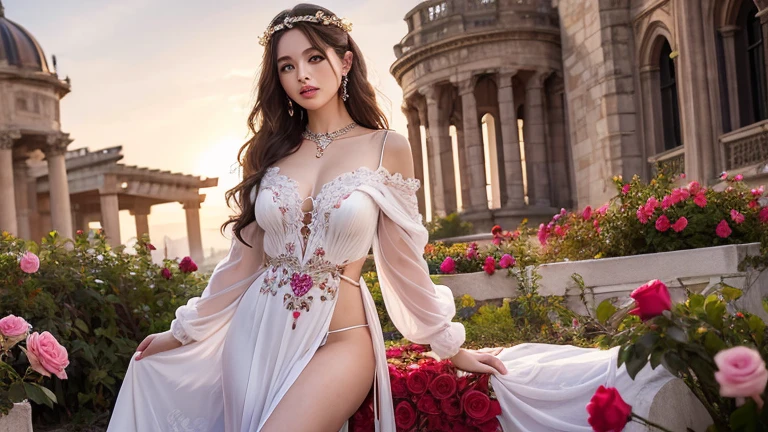 Aphrodite, the goddess of love and beauty，Beauty，She is wearing a stylish long dress with rose motif.，Wearing a sleeve on the arm，