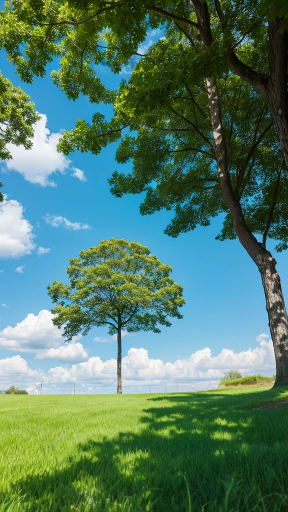 A wide, clear blue sky and beautiful green grass