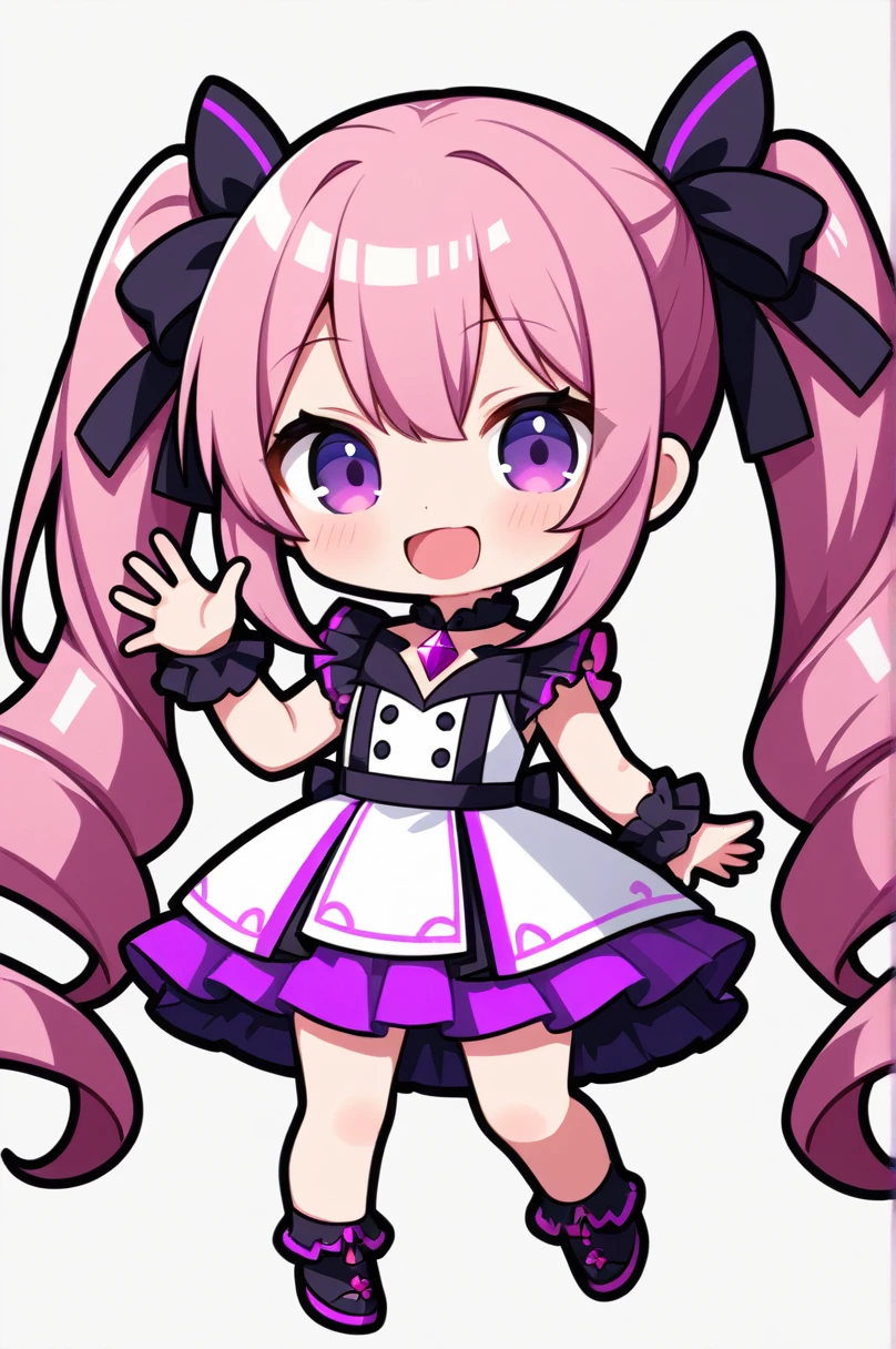 One girl, alone, (chibi 2), Drill Hair, Long Hair, Pink Hair, Purple eyes,smile, Shine, Twin Drill, Twin tails,Simple white background,whole body,Mouth open,Raising one hand