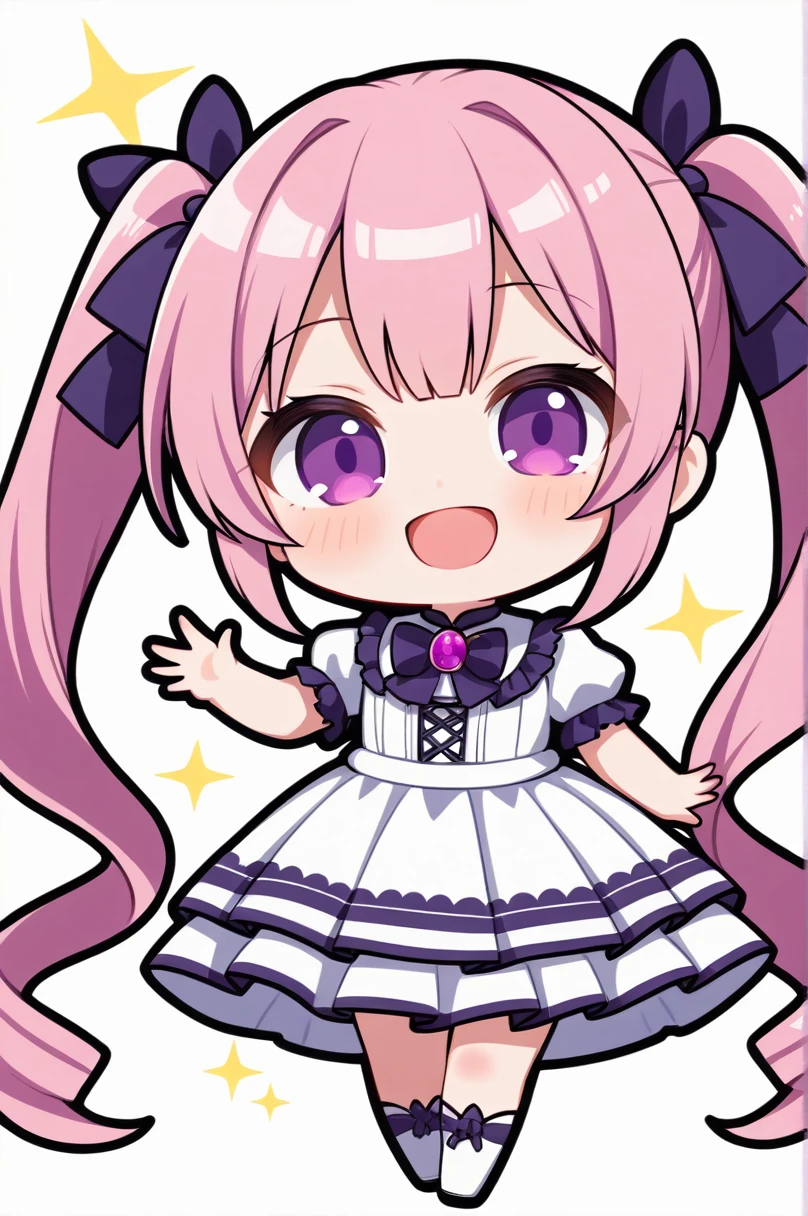 One girl, alone, (chibi 2), Drill Hair, Long Hair, Pink Hair, Purple eyes,smile, Shine, Twin Drill, Twin tails,Simple white background,whole body,Mouth open,Raising one hand