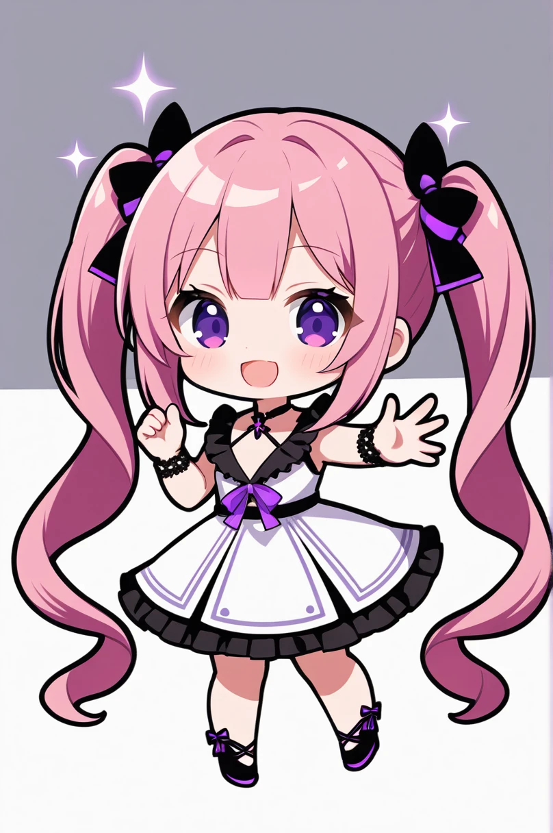 One girl, alone, (chibi 2), Drill Hair, Long Hair, Pink Hair, Purple eyes,smile, Shine, Twin Drill, Twin tails,Simple white background,whole body,Mouth open,Raising one hand