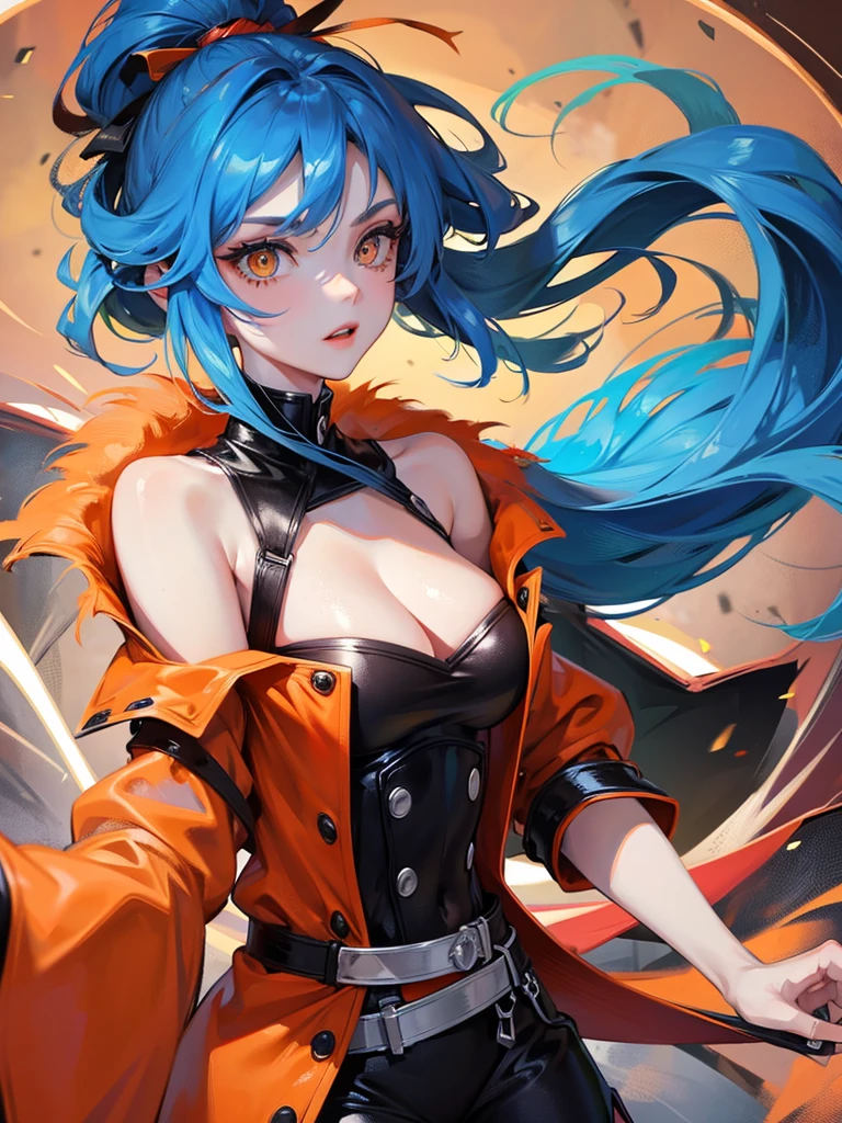 Hot woman, blue hair, orange eyes, fighthing, magic