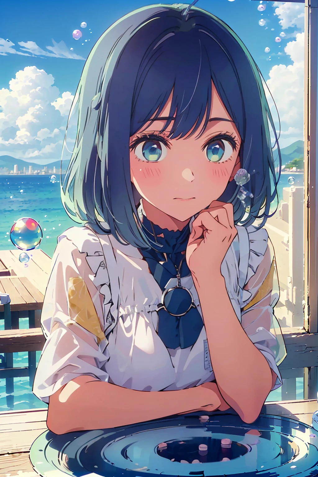 (Highest quality:1.4、8K:1.4、detailed)、F cup bust、Big Breasts、Slim body、Very white beautiful skin、((((1 person、Surprised expression、sit、Chair、In the background are the urban buildings of Tokyo、looking at the camera、Outdoor café terrace、coastal、Navy hair color、juice、White short-sleeved blouse with bubble sleeves、Shooting up close、table、Very cute face))))、(Pose of putting hair behind ears with hands:1.4)、Very blue sky、A completely cloudless sky