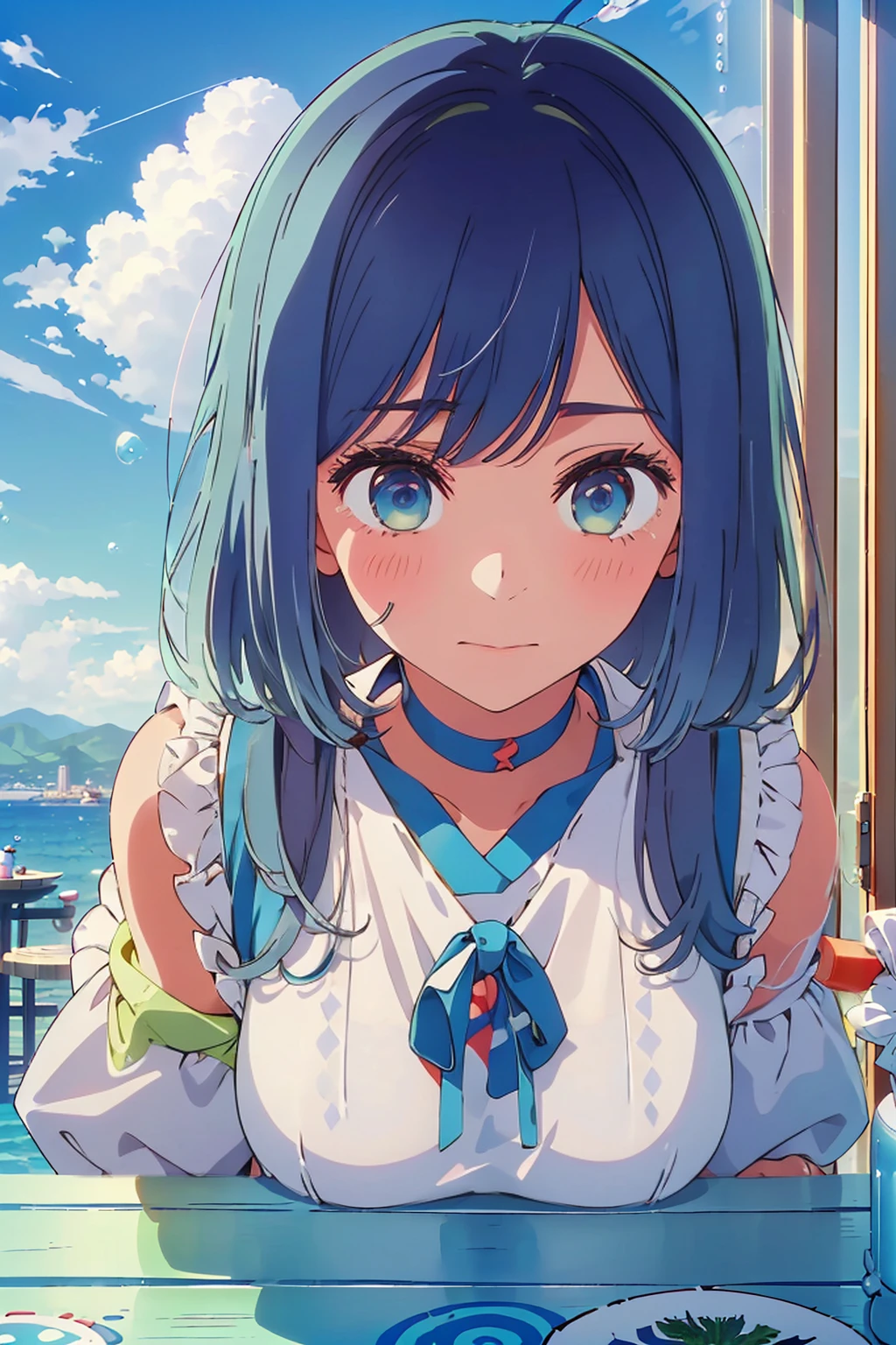 (Highest quality:1.4、8K:1.4、detailed)、F cup bust、Big Breasts、Slim body、Very white beautiful skin、((((1 person、Surprised expression、sit、Chair、In the background are the urban buildings of Tokyo、looking at the camera、Outdoor café terrace、coastal、Navy hair color、juice、White short-sleeved blouse with bubble sleeves、Shooting up close、table、Very cute face))))、(Pose of putting hair behind ears with hands:1.4)、Very blue sky、A completely cloudless sky