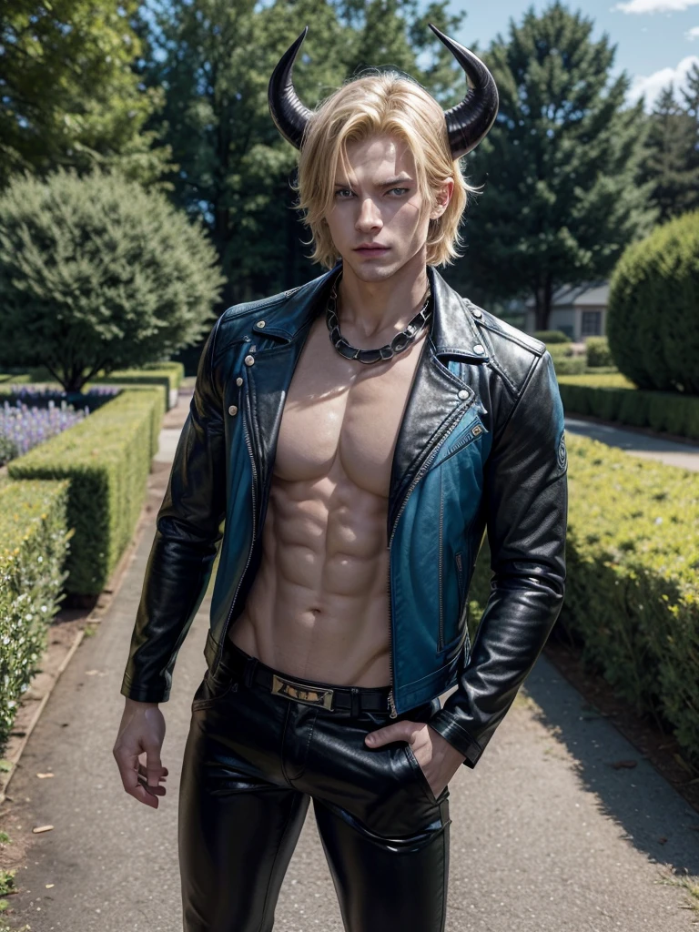 a handsome attractive slender costumed man, blond hair, with light blue eyes, muscular torso, bull costume, black leather jacket, black tight pants, big horns, peninsula farm giant garden plot