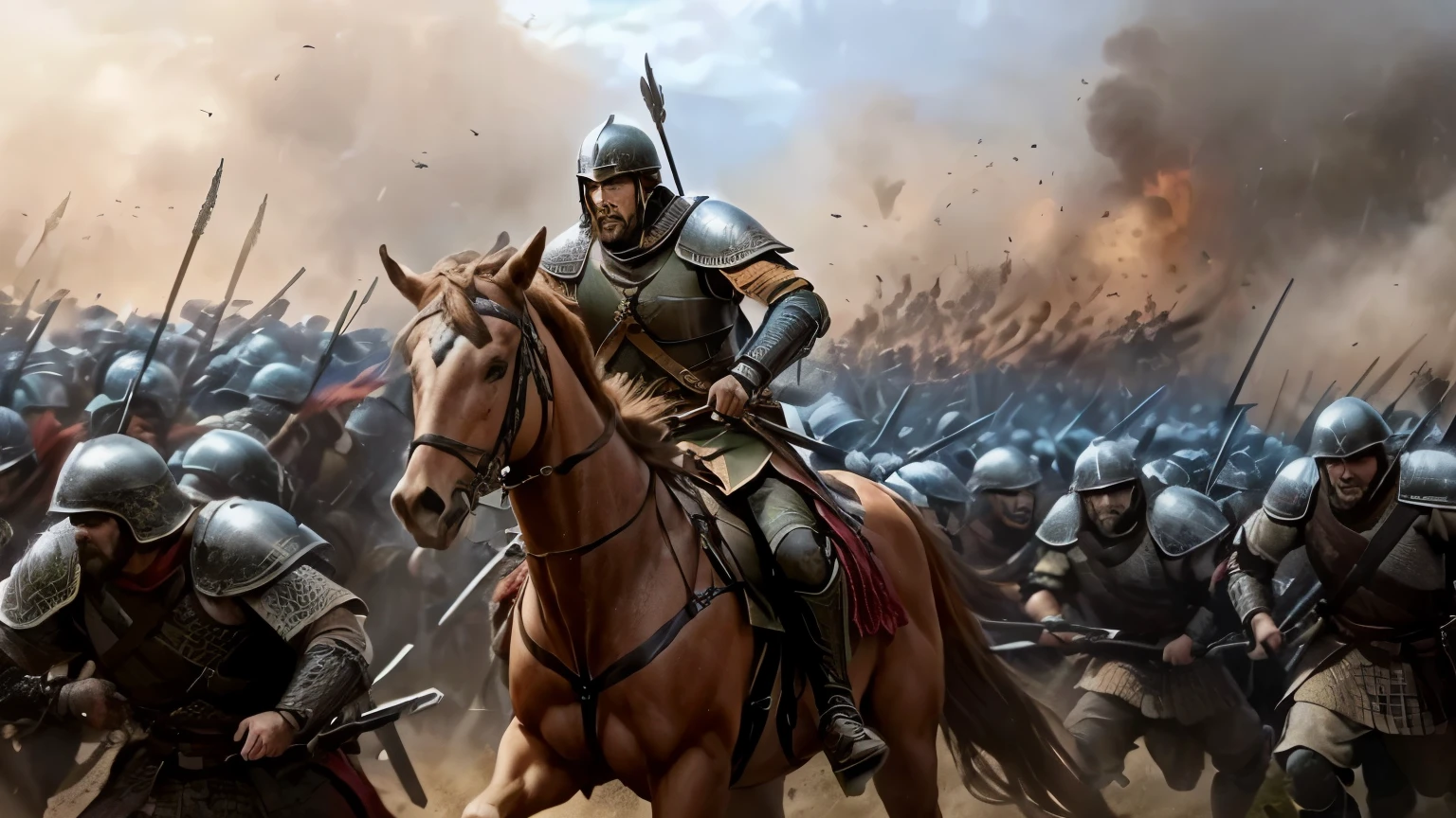 blurred image of a large group of armed men, background of the invading army, raiding the army fund, huge armies, epic battle scene, medieval fantasy battle, leading Spartans into battle, an epic viking battle scene, heroic battle scene, batalha em grande escala, lieutenant Juraj Julije Klović, epic battle scene, by Roman Bezpalkiv