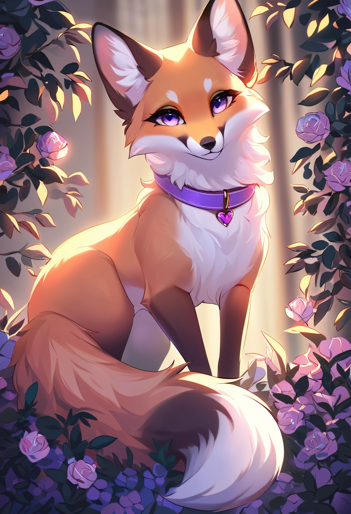 masterpiece, best quality, ultra high res, a cute female feral fox, beautiful, visually stunning, elegant, purple collar, glowing
