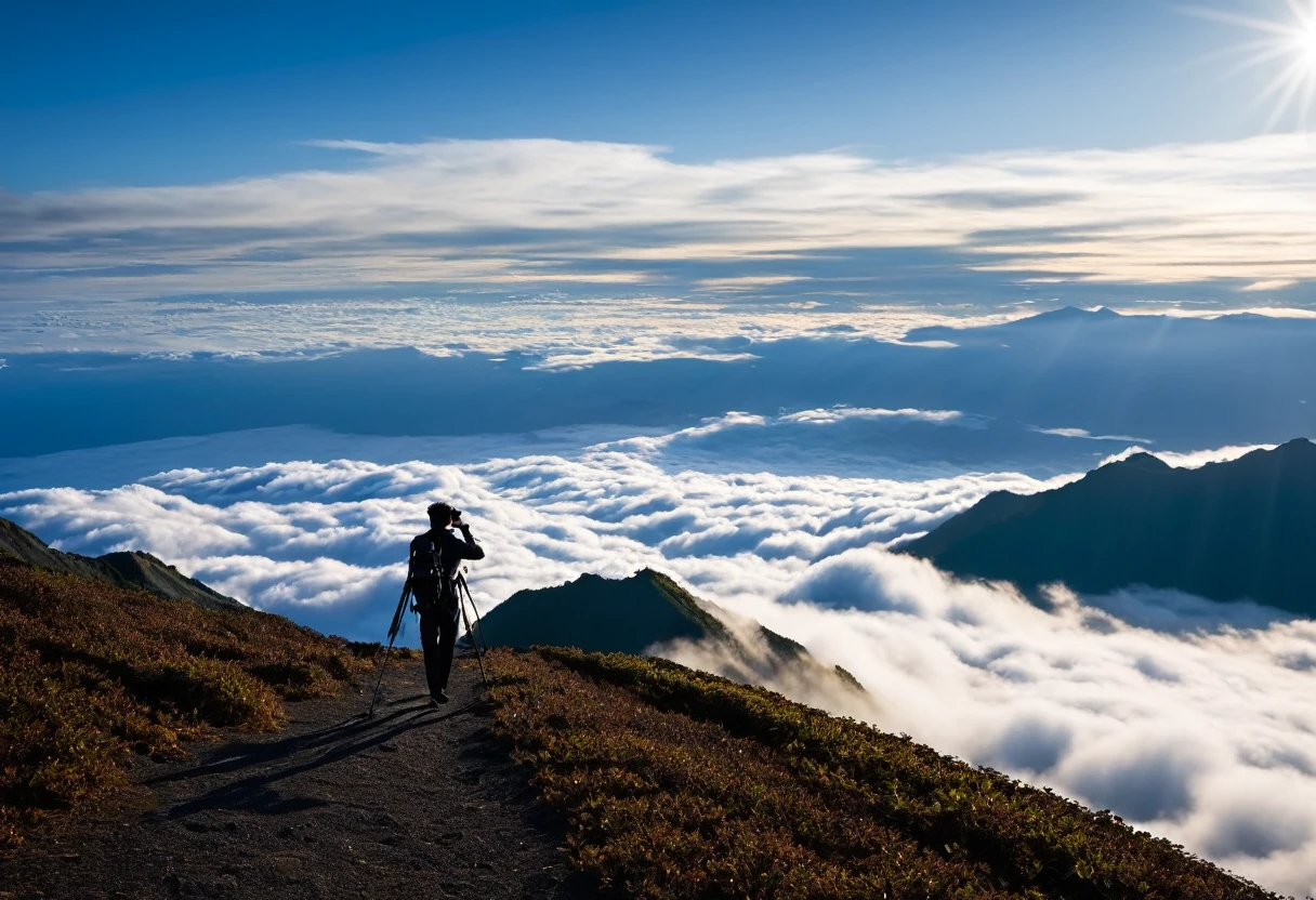 A Japanese man in his 50s with a camera hanging from his neck is walking through the mountains and photographing a sea of clouds. Beyond the sea of clouds, you can see the mountains, and the sea of clouds is shining in the morning sun. The man seems to be having fun. Photographed on.