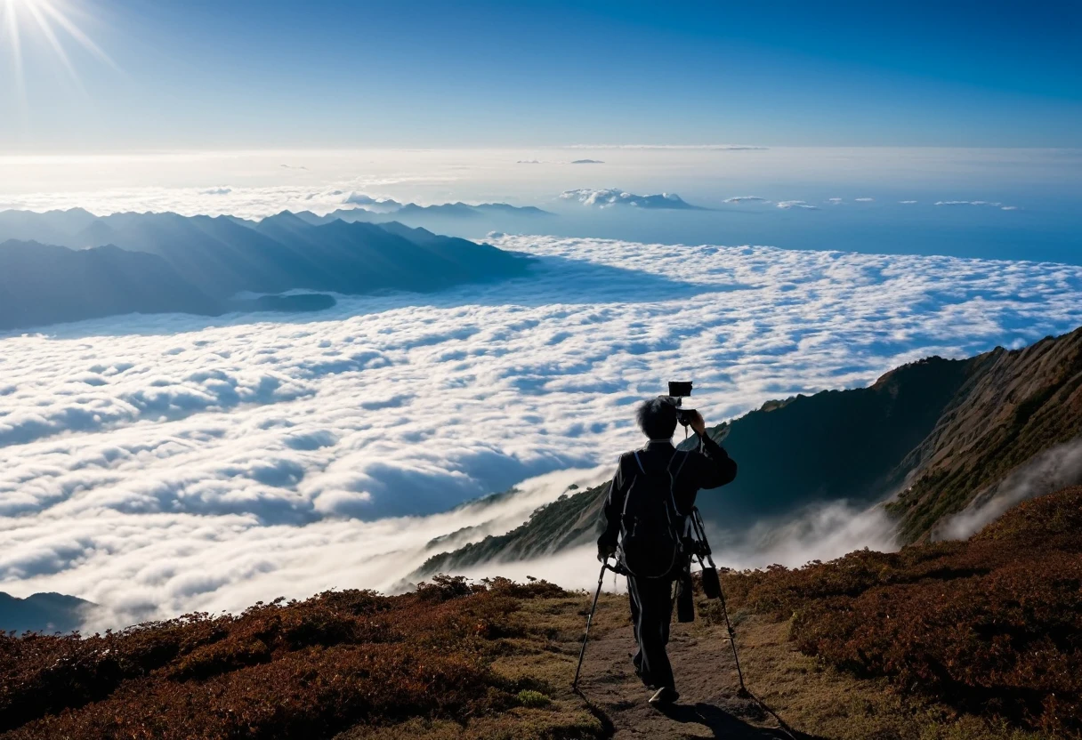 A Japanese man in his 50s with a camera hanging from his neck is walking through the mountains and photographing a sea of ​​clouds. Beyond the sea of ​​clouds, you can see the mountains, and the sea of ​​clouds is shining in the morning sun. The man seems to be having fun. Photographed on.