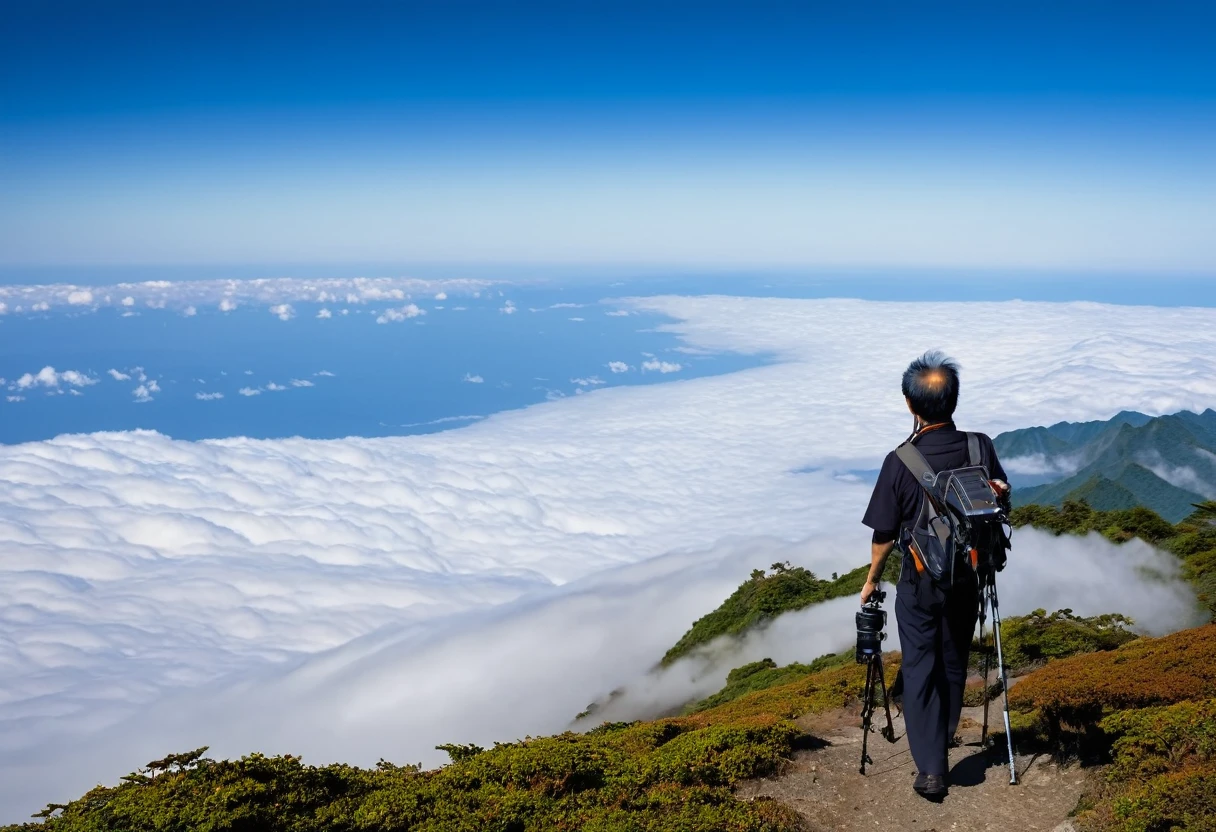 A Japanese man in his 50s with a camera hanging from his neck is walking through the mountains and photographing a sea of clouds. Beyond the sea of clouds, you can see the mountains, and the sea of clouds is shining in the morning sun. The man seems to be having fun. Photographed on.