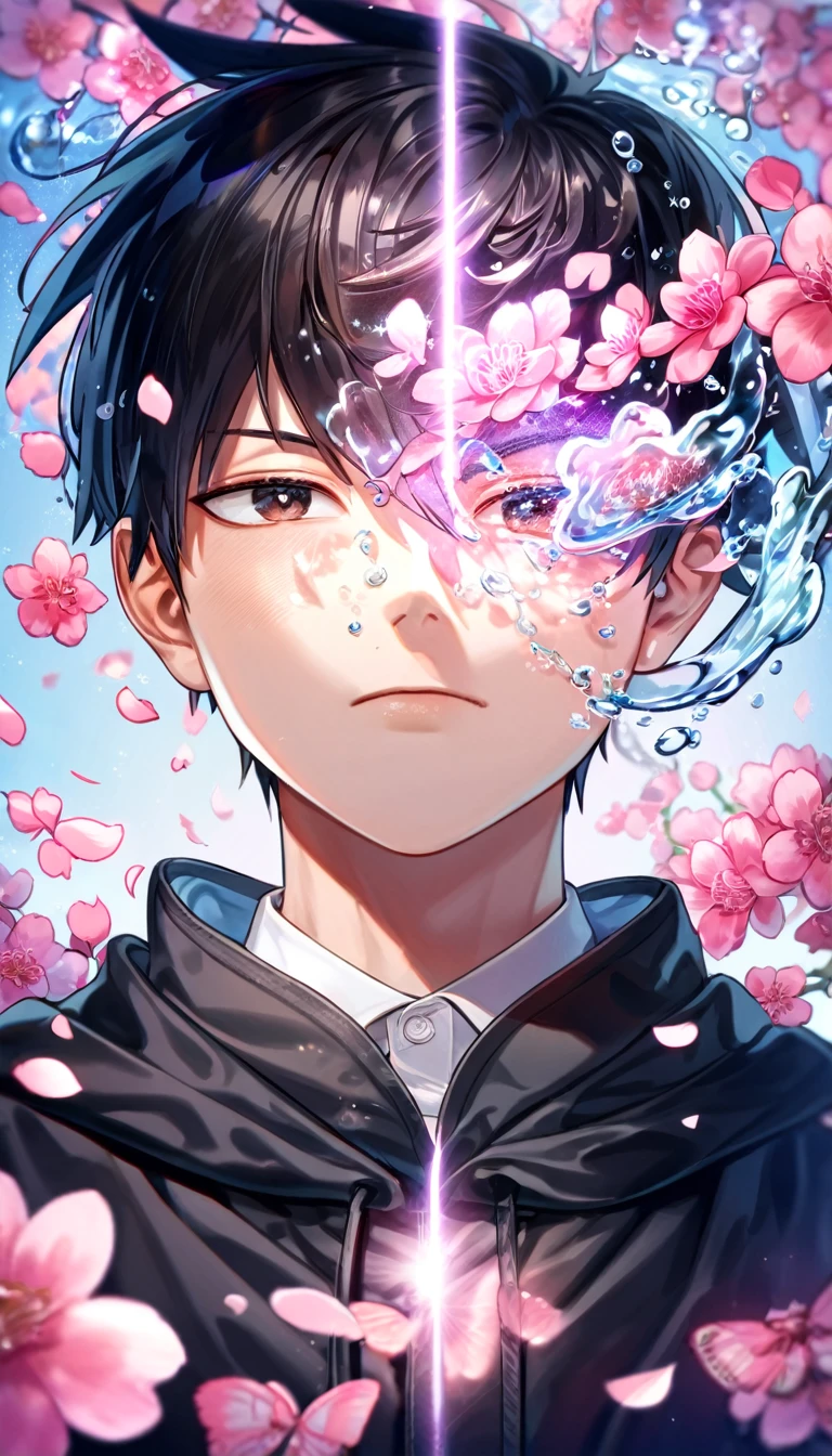 absurdres, highres, ultra detailed, HDR, master piece, best quality, Kageyama Ritsu, black hair, expressive brown eyes, mob psycho 100, solo, sexy young man, handsome, black hoodie, magical, fantasy, shining, water, pink flowers, pink blossoms, pink butterflies, pink petals