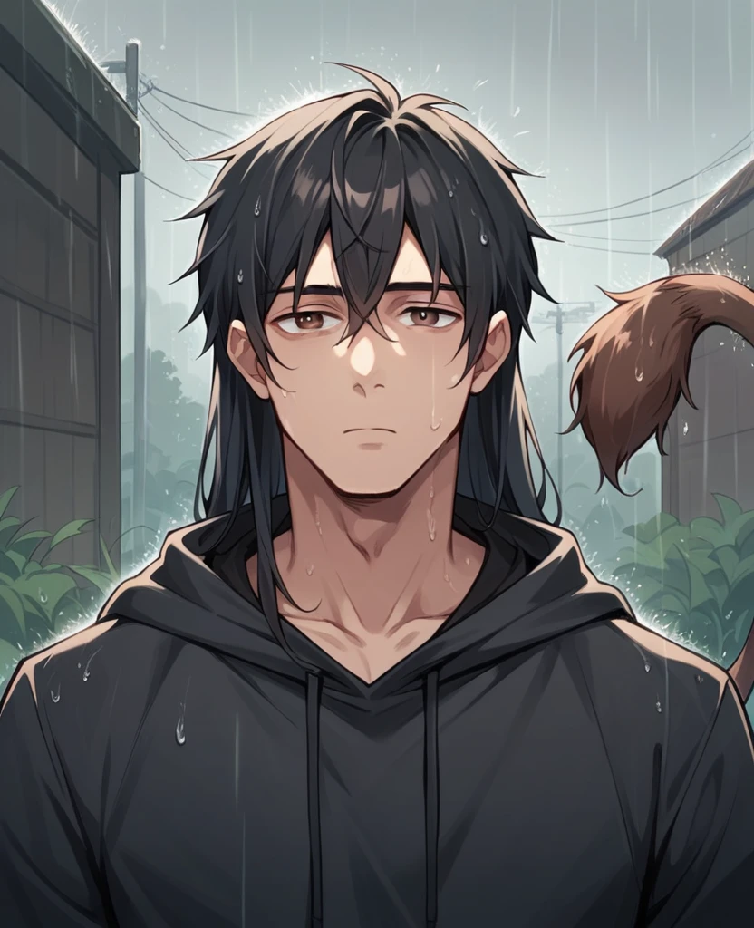 {{upper body, dutch angle}} {{Artist: sincos}} 1male, mature male, black hair, long hair, brown eyes, depressed expression, black hoodie, brown monkey tail, outdoors, raining, standing, pov.
