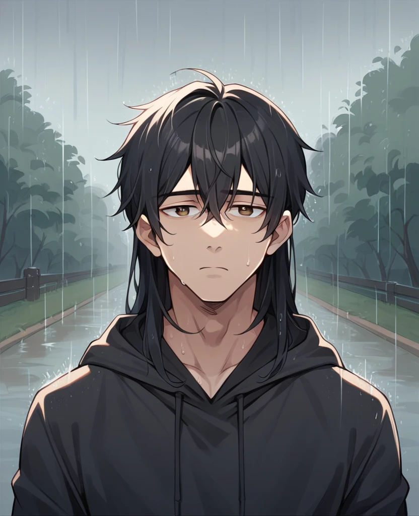 {{upper body, dutch angle}} {{Artist: sincos}} 1male, mature male, black hair, long hair, brown eyes, depressed expression, black hoodie, brown monkey tail, outdoors, raining, standing, pov.