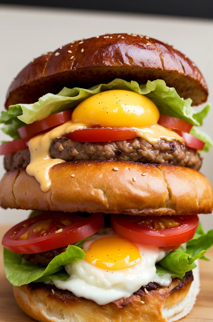 create photos of a simple traditional hamburger, which contains a plain brioche bun, lettuce, tomato, traditional simple ham meat, cheese and egg. 