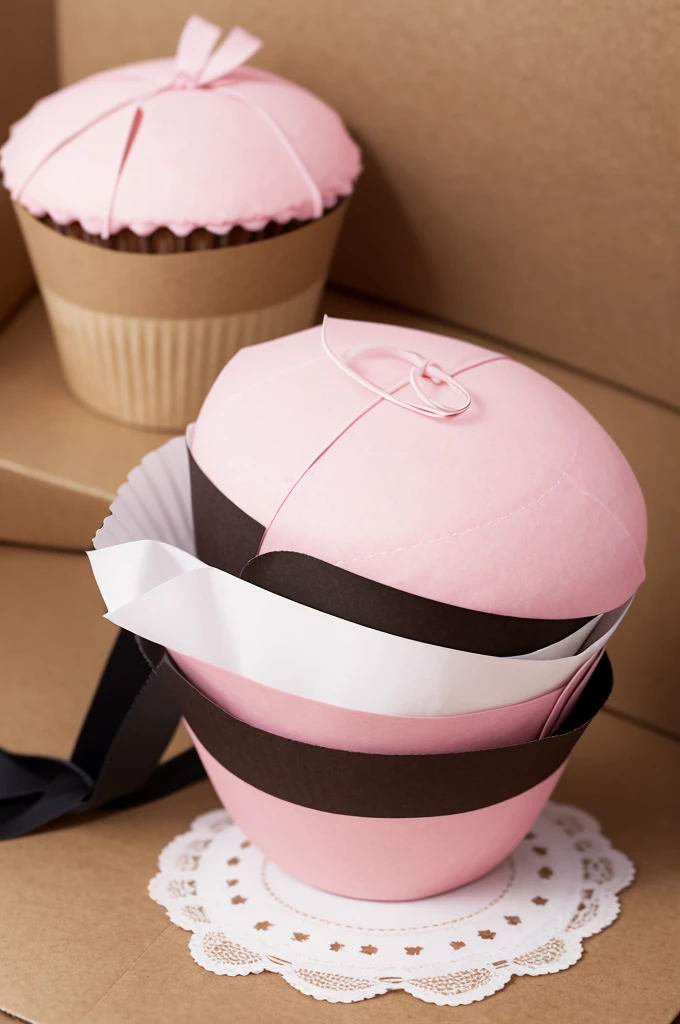 Cardboard bag with la dolce vita brand in circular shape, around a cupcake design with a pink outline and no fill