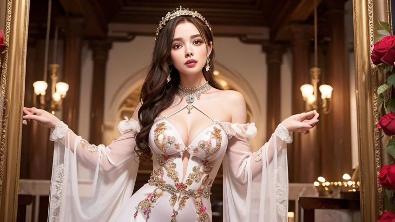 Aphrodite, the goddess of love and beauty,Beauty,She is wearing a stylish long dress with rose motif.,Wearing a sleeve on the arm,
