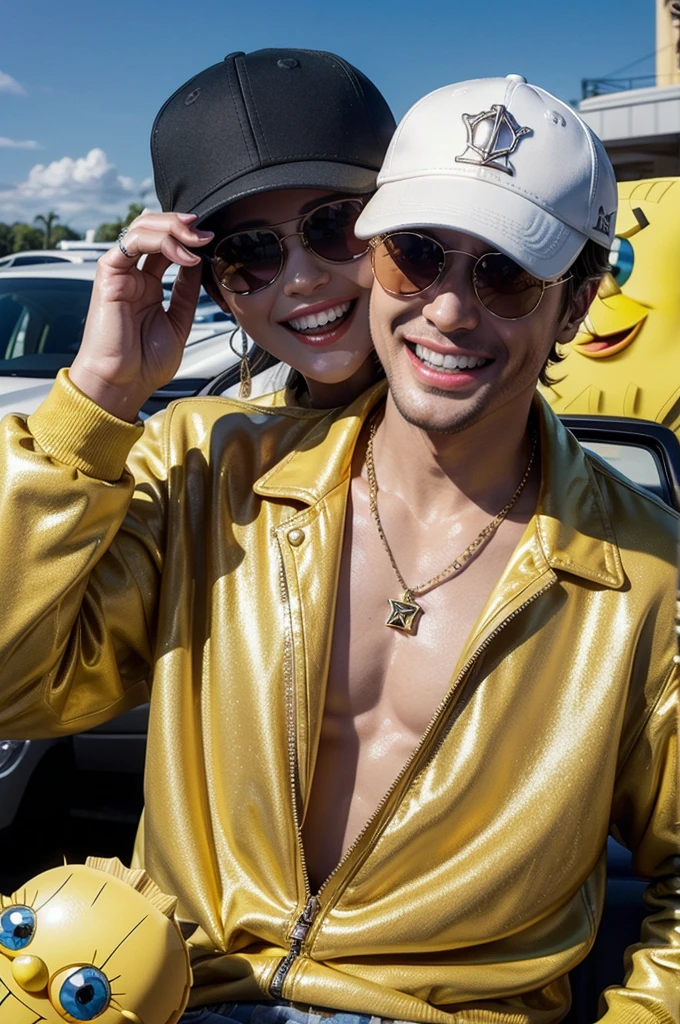 SPONGEBOB enters the scene wearing a straight-brimmed cap, oversized sunglasses and a shiny gold necklace that sparkles in the daylight. Ao fundo, luxury cars are parked, all shiny. He smiles, showing teeth studded with diamonds
