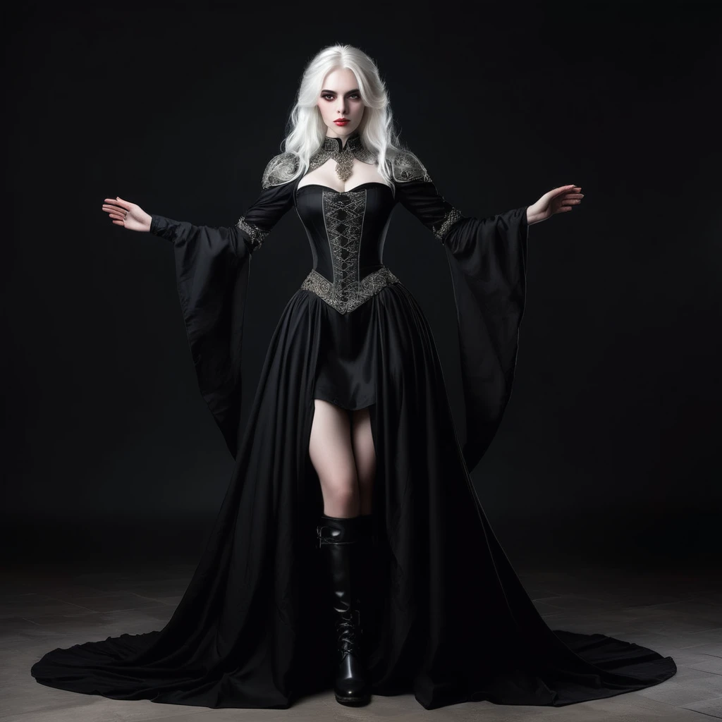 An white lady with four arms and white hair on an medieval real black dress, full body, black boots, white background, red pupil