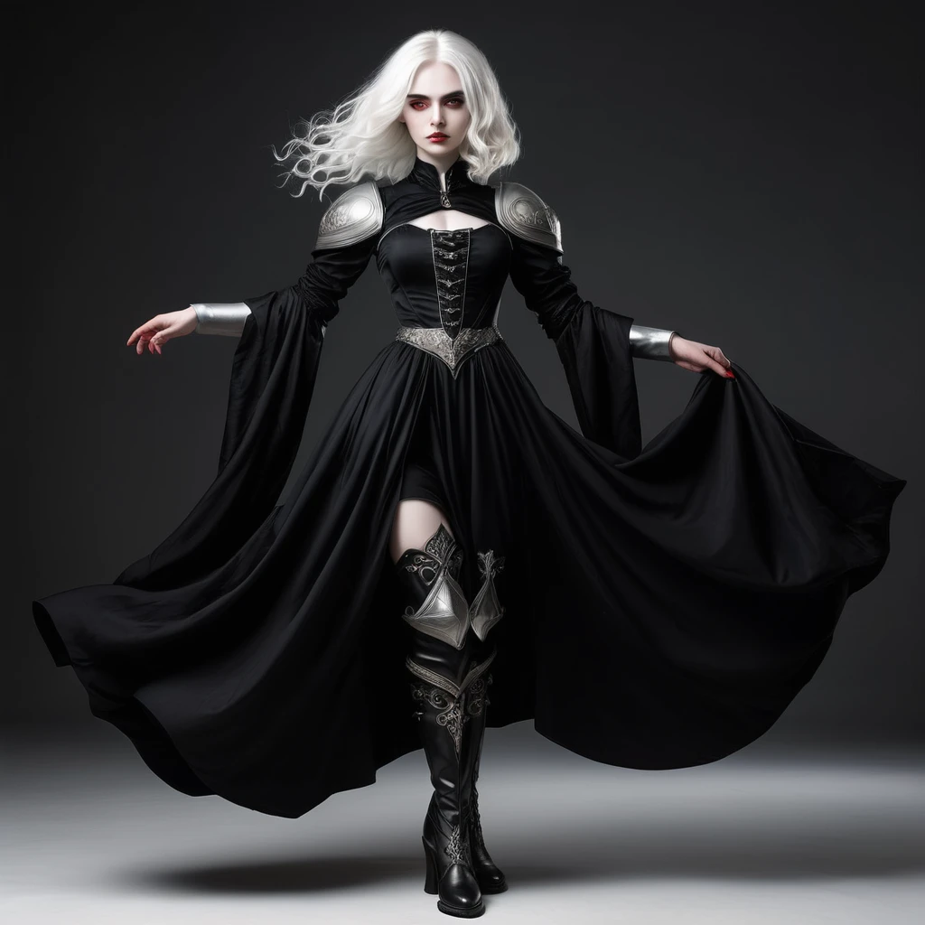 An white lady with four arms and white hair on an medieval real black dress, full body, black boots, white background, red pupil