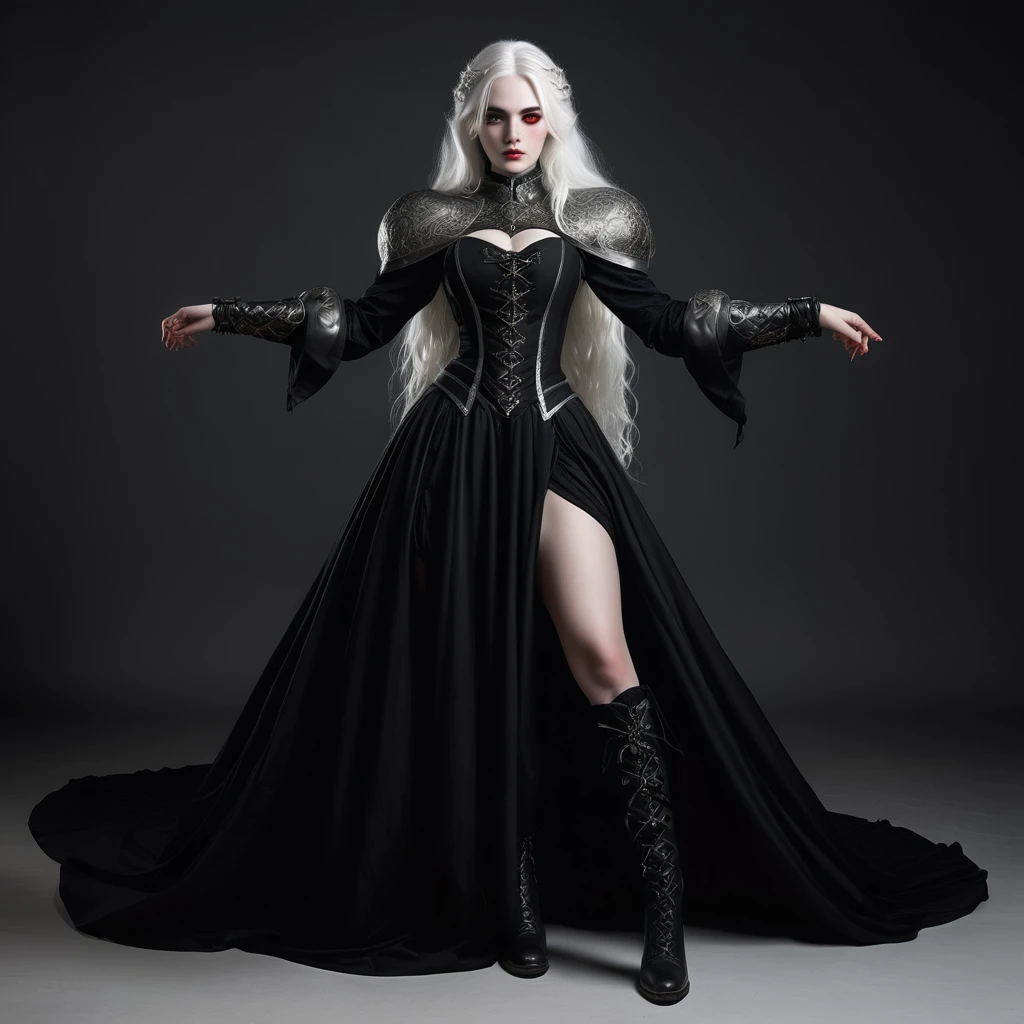 An white lady with four arms and white hair on an medieval real black dress, full body, black boots, white background, red pupil