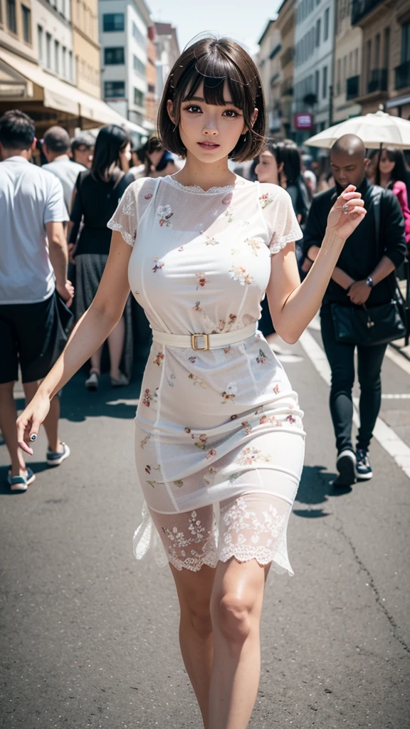 Highest quality, 1peopleの女の子, (skeindentation), (Huge breasts:1.2), (blur bacけground:0.6), (street:1.2), (people々, crowd:1), garden, Day, Outdoor, (Casual yet stylish, Elegant fabric, high necけ dress:1.5), nice, (bangs, short hair:1.5), (Floating Hair:1.2), (Dynamic pose:1.2), Soft lighting, Wind, (Front light:1.5), makeeup,