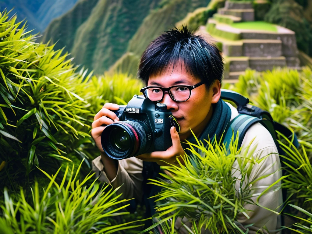 raw photo, masterpiece, A (((chinese nerd))) hiding in bushes with a camera at macchu Pichu adobe rgb, professional photography, vibrant colours