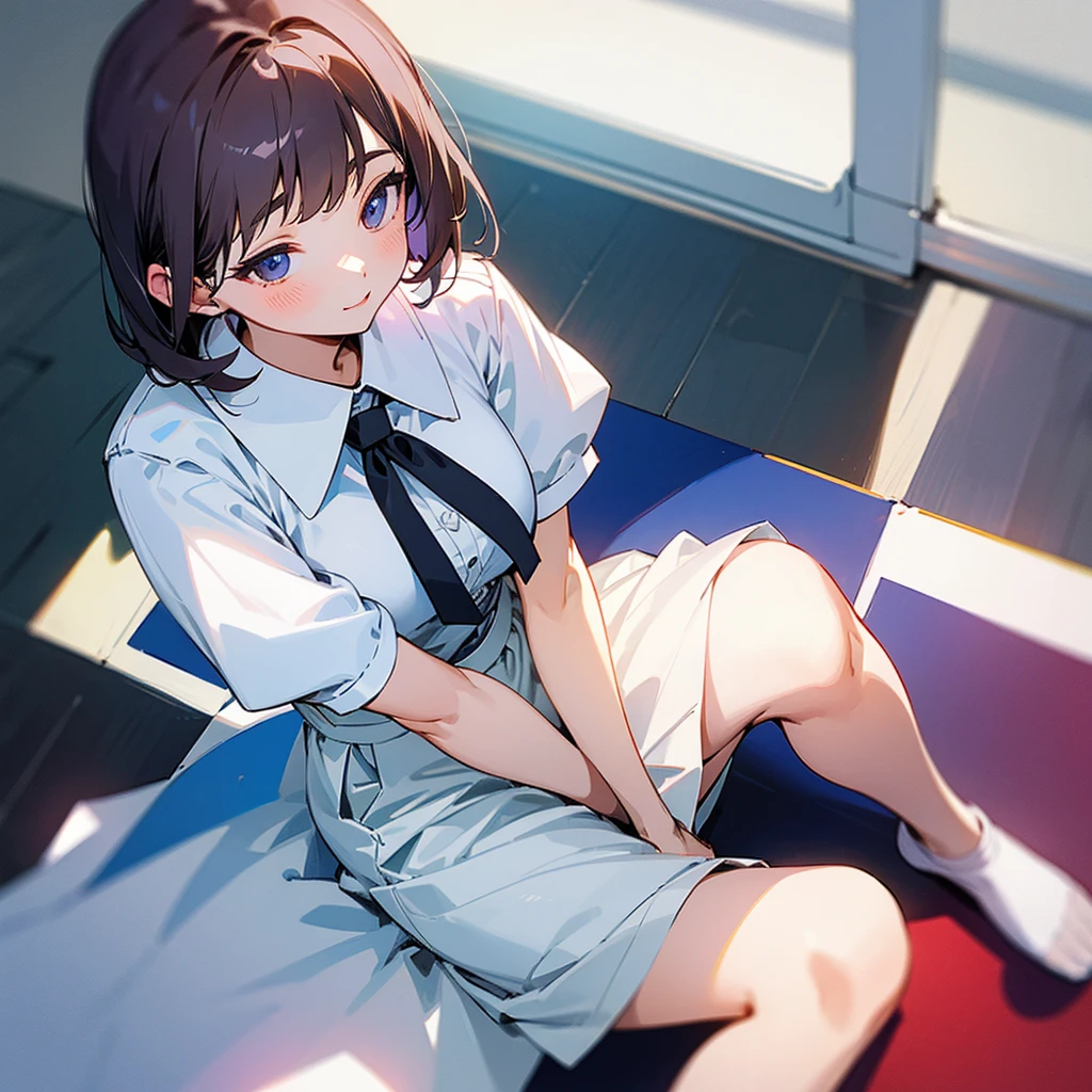 、A short-sleeved white blouse is open、tie、skirt、Sitting on the floor、Composition from above