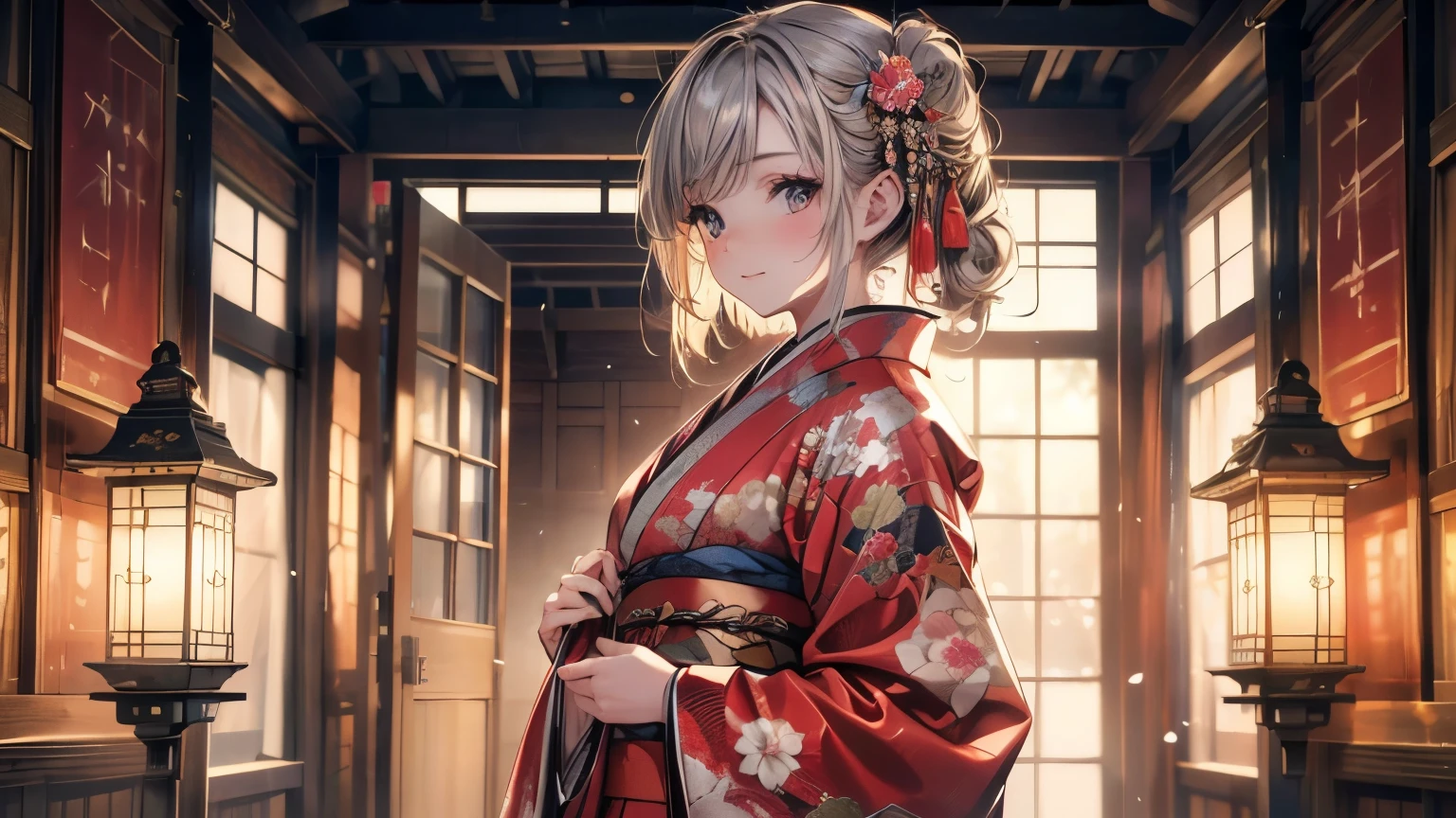 kimono, heart, (8K, Original photo, Highest quality, masterpiece: 1.2), (practical: 1.6), (masterpiece), (Highest quality: 1.0), (Ultra-high resolution: 1.0), detailed, 1940s, One, detailed beautiful skin, detailed room, ,practical skin