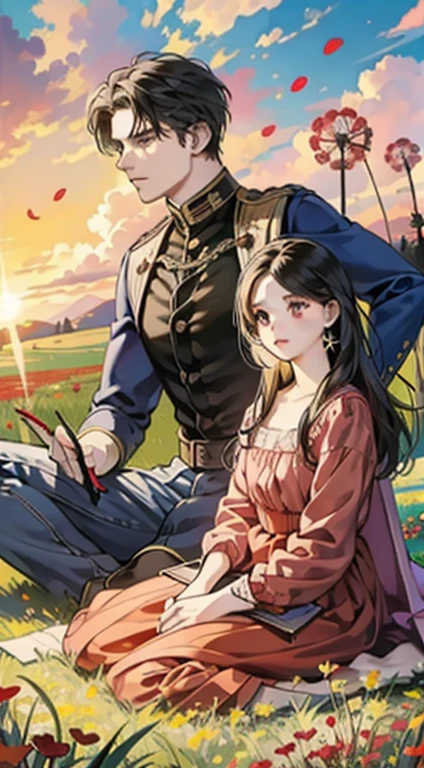 A man and a woman are sitting in a meadow of red flowers, sunset, Irish Man, Campo florescente, Dandelion floating in the wind, estilo romance, garoto e mulher, flores vermelhas, garoto de jaqueta de couro e causa jeans, Flying dandelion