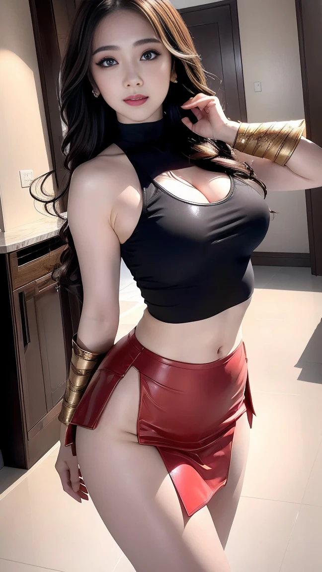 masterpiece, best quality, absurdres, 8K, perfect shadows,perfect lighting,hdr, ambient lighting, cowboy shot,shiny skin,skindentation, beautiful body, NamiFinal, orange hair, long hair, blue eyes, (red crop top, turtleneck, bare shoulders, red latex pencil skirt, underboob, jewelry earrings,tight fit, complex detailed background, inside, luxury palace) (gigantic breasts,hourglass body, thin waist,very slim waist)extremely detailed face,detailed eye makeup, detail face, nice detailed eyes,nice hands, perfect hands (realistic pupils,realistic iris:1) heavy eye makeup,glowing eyes, Bright eyes,standing,standing at attention,(evil smile), gigantic breasts, curvy,underground、prison、wonder woman,my hair is soaked,dripping water,Bruises on the face,facial scars,sleeping face,syncope,battle damage、Bruises on the face or body,very dirty face,very dirty body)、fine 目、puffy eyes、highest quality, ultra high resolution, reality: 1.4, movie lighting、Ultra-realistic、8K、slanted bangs、brown hair、messy hair,20-year-old,wonder womanティアラ,pee,toilet ,toilet,BDSM,chains,sm queen style,blush on her face