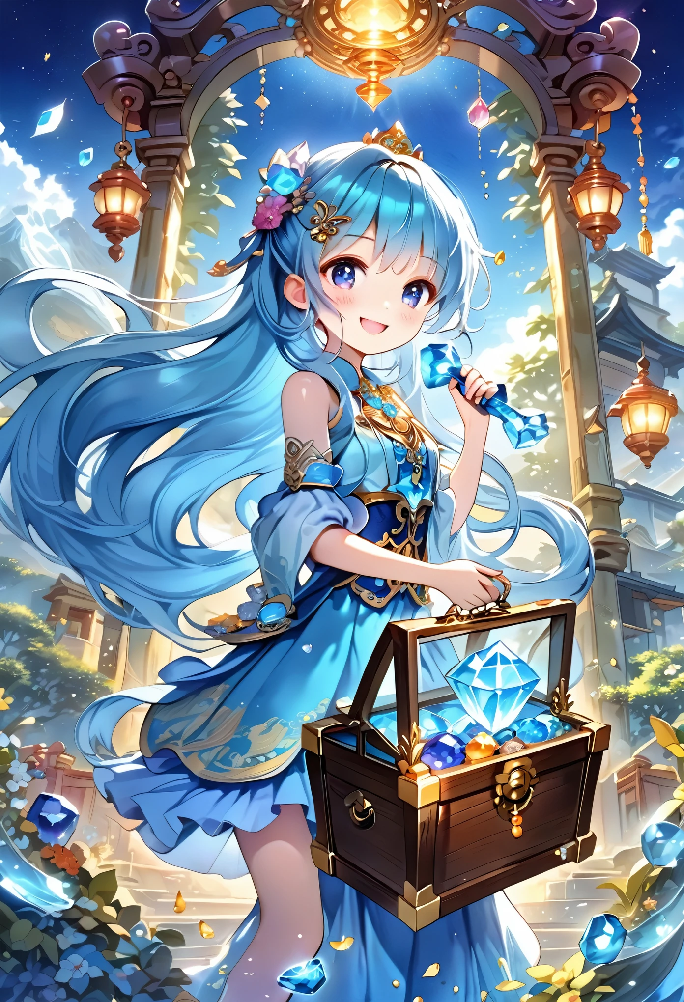 Light blue long hair、Twin-tailed Girl、holding a big key、Open a big treasure chest、Bright smile、Gemstones are shining、