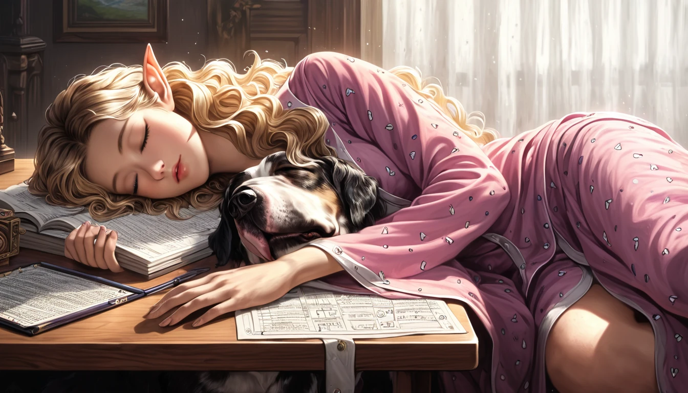 Japanese animation style, digital illustration of an adult elf woman sleeping face down on a large bed, she is wearing elegant silk pajamas, relaxed expression, long loosely wavy blonde hair, sleeping with her pet dog, the dog is curled up on her and sleeping, soft morning light pours in, calm atmosphere, detailed and clear drawing, warm and gentle colors, drawn from a bird's-eye perspective
(Highest quality, 8K quality, masterpiece: 1.3, high resolution, tabletop: 1.2, ),(perfect face with every detail), normal hands: 1.5, normal fingers: 1:5, normal legs: 1.5