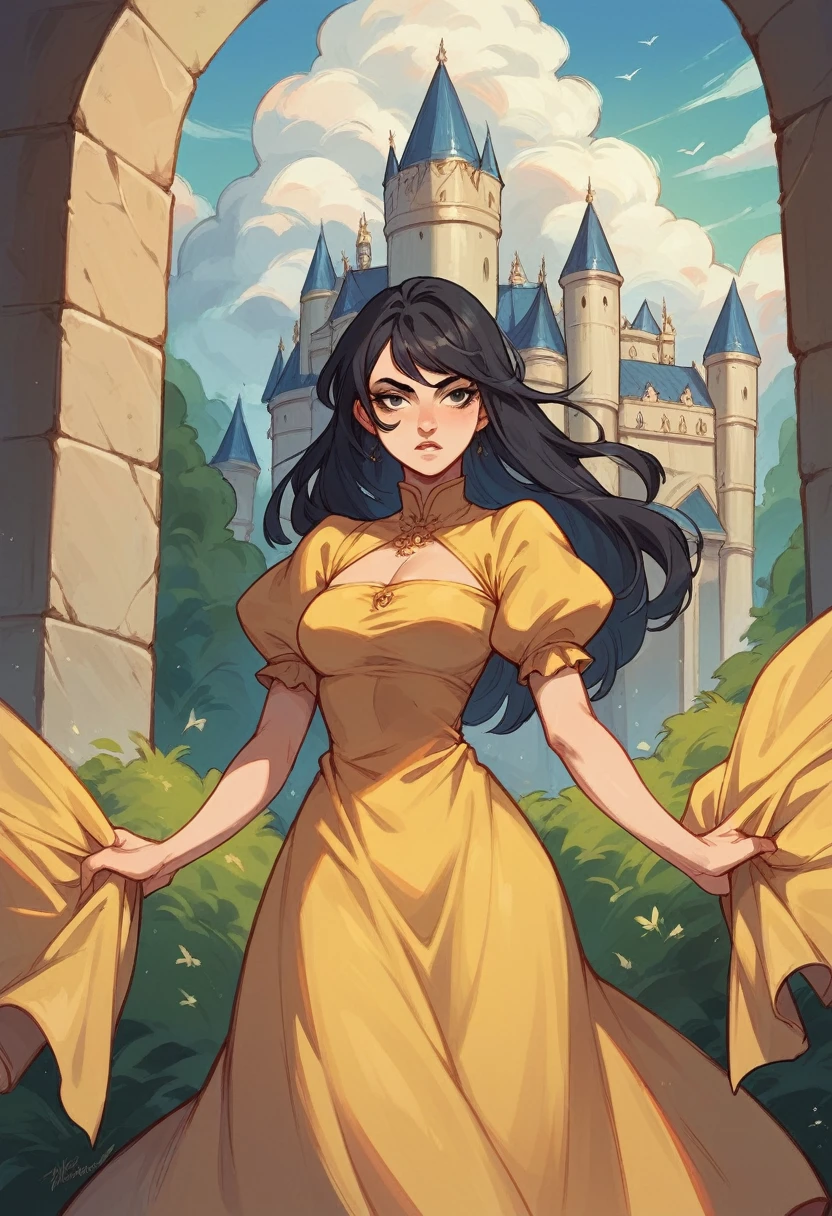 Black hair woman wearing yellow dress in a castle