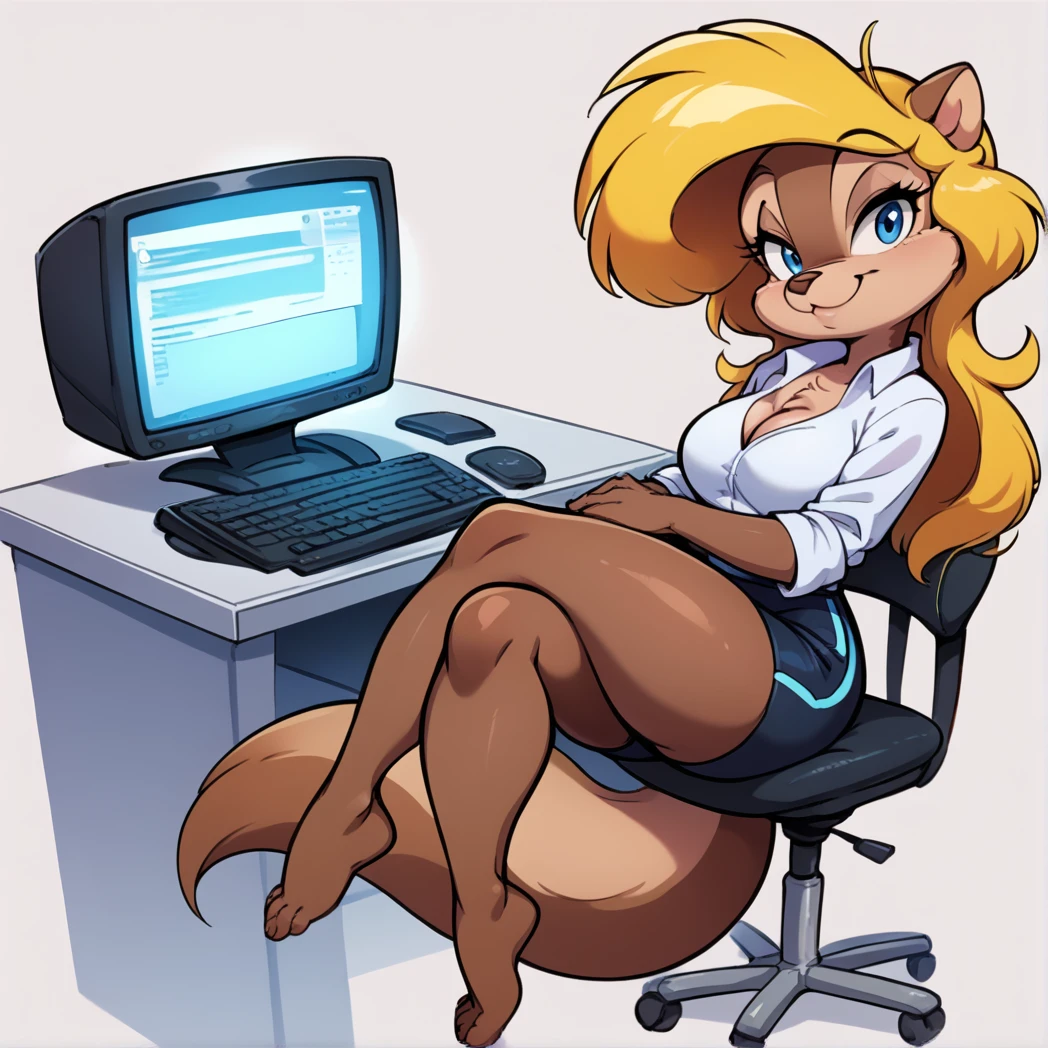 score_9, score_8_up, score_7_up, score_6_up, score_5_up, score_4_up, (Source furry), 1girl, solo, breasts, looking at viewer, smile, blue eyes, simple background, shirt, white background, animal ears, cleavage, medium breasts, closed mouth, standing, tail, full body, barefoot, furry, sitting down on crossed legs, sitting next to a Amgia Computer, black swimming shorts, has thick thighs, white shirt, animal nose, snout, amy squirrel , blonde hair, long hair, two tone fur, brown fur, furry female, body fur