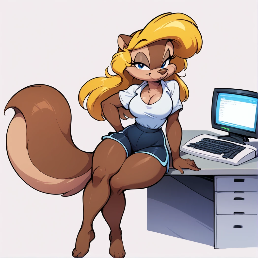 score_9, score_8_up, score_7_up, score_6_up, score_5_up, score_4_up, (Source furry),  1girl, solo, breasts, looking at viewer, smile, blue eyes, simple background, shirt, white background, animal ears, cleavage, medium breasts, closed mouth, standing, tail, full body, barefoot, furry, sitting down on crossed legs, sitting next to a Amgia Computer, black swimming shorts, has thick thighs, white shirt, animal nose, snout, amy squirrel , blonde hair, long hair, two tone fur, brown fur, furry female, body fur 