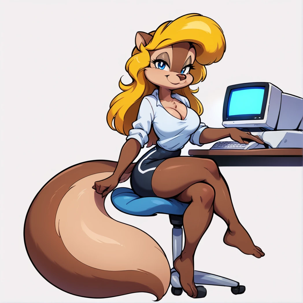 score_9, score_8_up, score_7_up, score_6_up, score_5_up, score_4_up, (Source furry),  1girl, solo, breasts, looking at viewer, smile, blue eyes, simple background, shirt, white background, animal ears, cleavage, medium breasts, closed mouth, standing, tail, full body, barefoot, furry, sitting down on crossed legs, sitting next to a Amgia Computer, black swimming shorts, has thick thighs, white shirt, animal nose, snout, amy squirrel , blonde hair, long hair, two tone fur, brown fur, furry female, body fur 