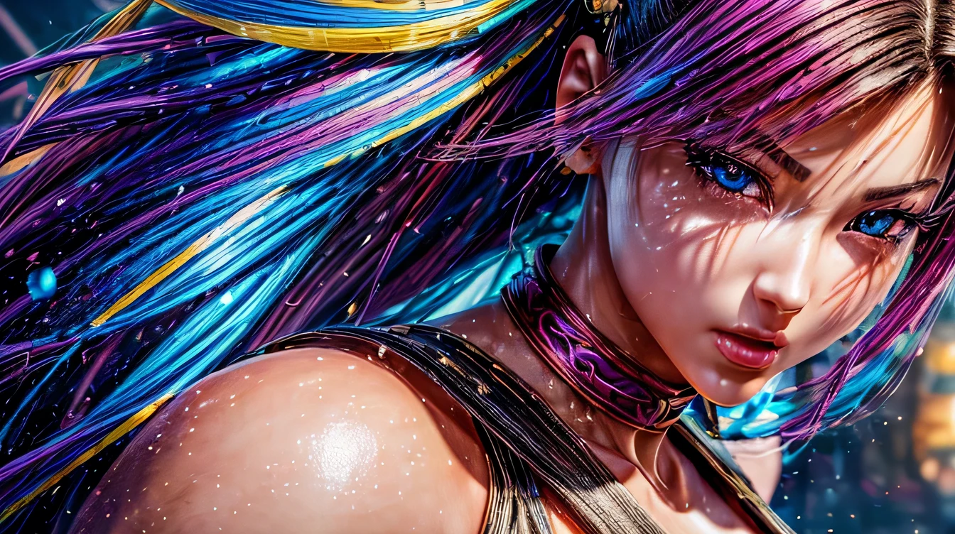 work of art, best qualityer, (Extremely detailed CG 8k unity wallpaper, work of art, best qualityer, ultra detali, best shade), (detailed back ground), (beautifull detailed face, beautiful detailed eyes), hight contrast, (better lighting, extremely delicate and beautiful),1 girl,((colorful paint splashes on transparent background, dulux,)), ((caustic)), dynamic angle,beautiful detailed glowing,whole body, paint splashes on face.  close up of a woman, , realistic 3d anime style, Android 18, seductive anime girl, anime realism style, attractive anime girl,beautiful seductive anime woman, looking at Chun-Li,