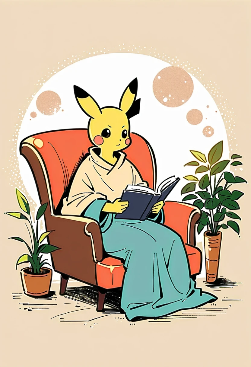 illustration of Pikachu relaxing in a cozy chair while reading a book. Pikachu should be sitting comfortably with a book open on its lap. Include a warm, inviting background with a small table holding a cup of tea and a soft blanket draped over the chair. The atmosphere should be peaceful and cozy.